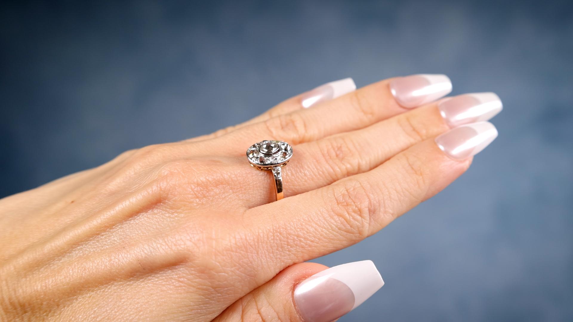Rose Cut Edwardian Diamond 14k Rose Gold Silver Cluster Ring For Sale