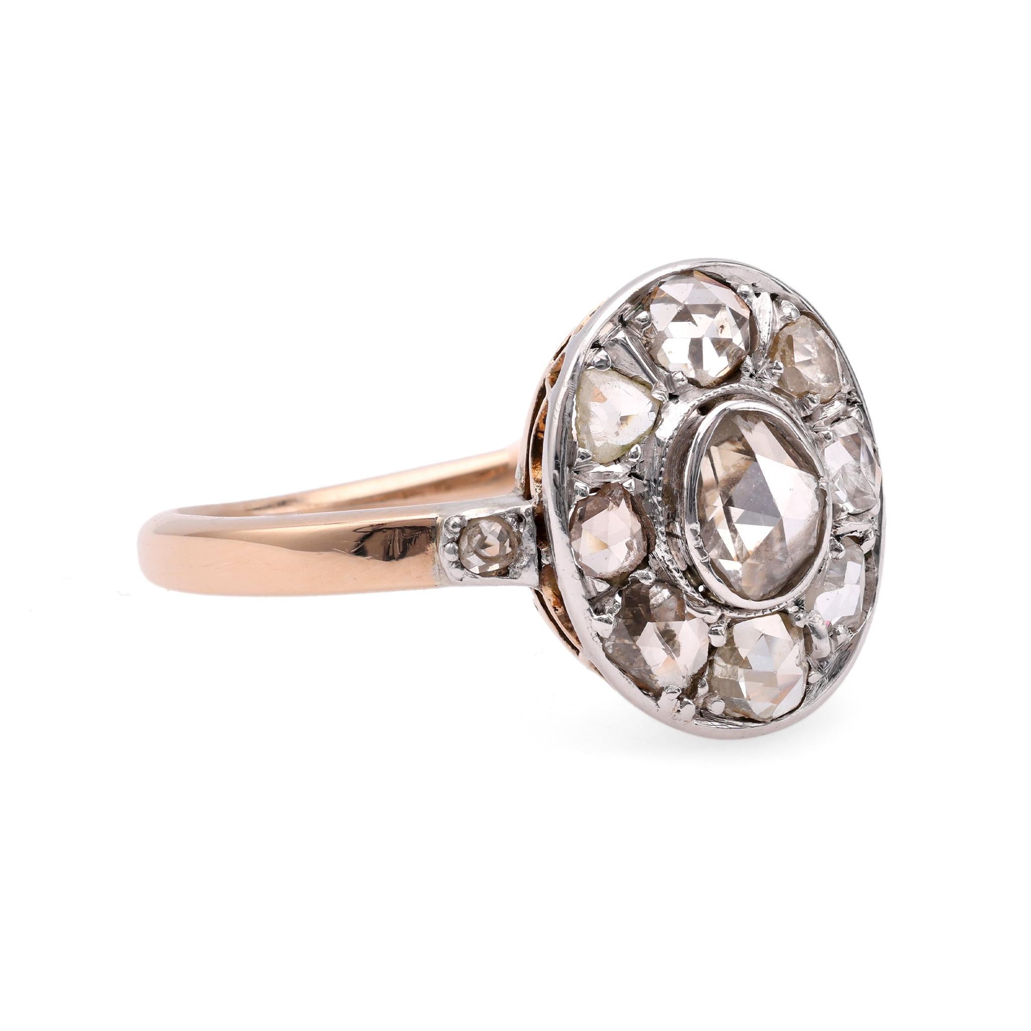 Edwardian Diamant-Cluster-Ring aus 14 Karat Roségold und Silber im Zustand „Gut“ in Beverly Hills, CA