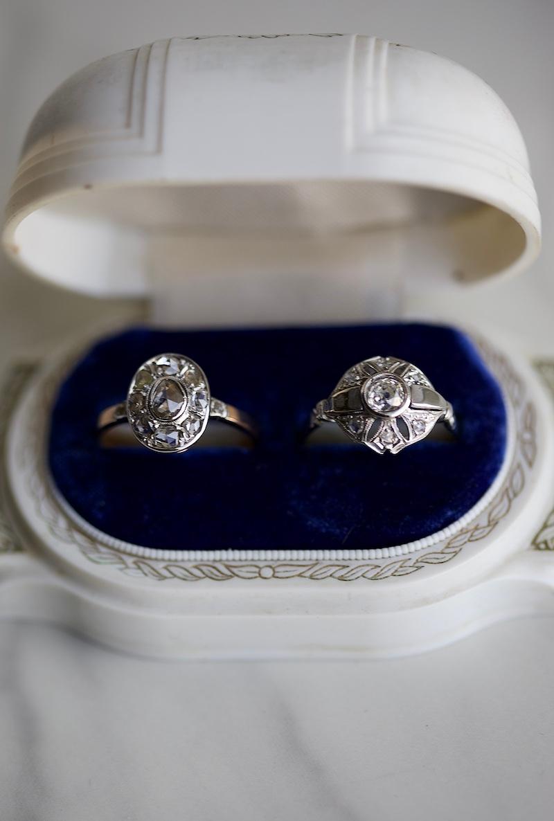 Women's or Men's Edwardian Diamond 14k Rose Gold Silver Cluster Ring For Sale