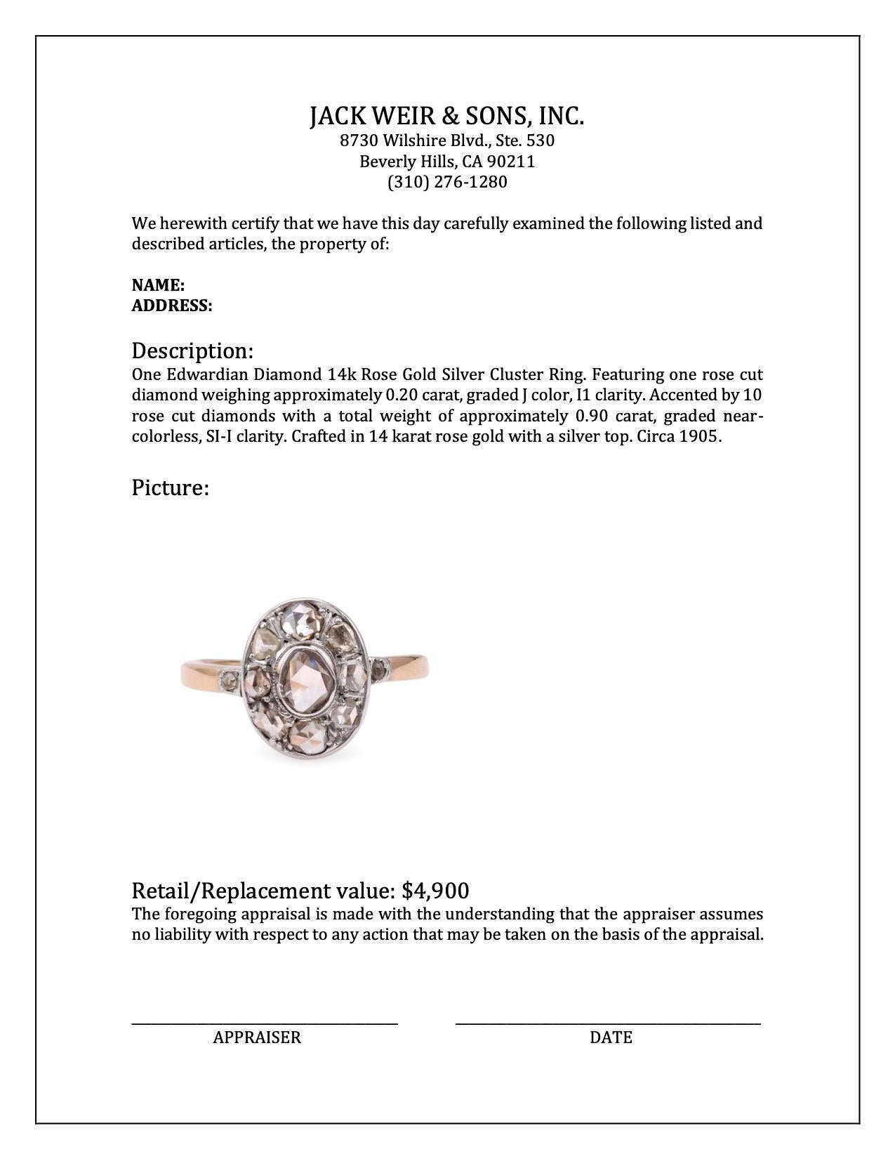 Edwardian Diamond 14k Rose Gold Silver Cluster Ring For Sale 1