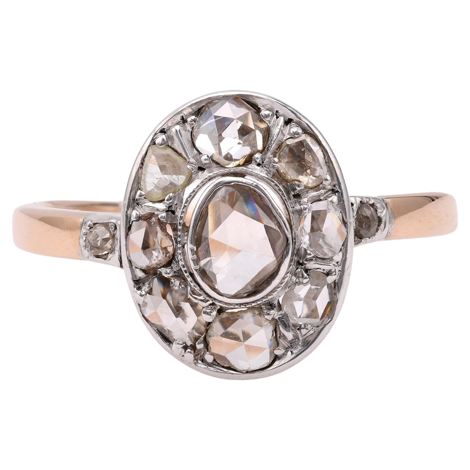 Edwardian Diamond 14k Rose Gold Silver Cluster Ring For Sale