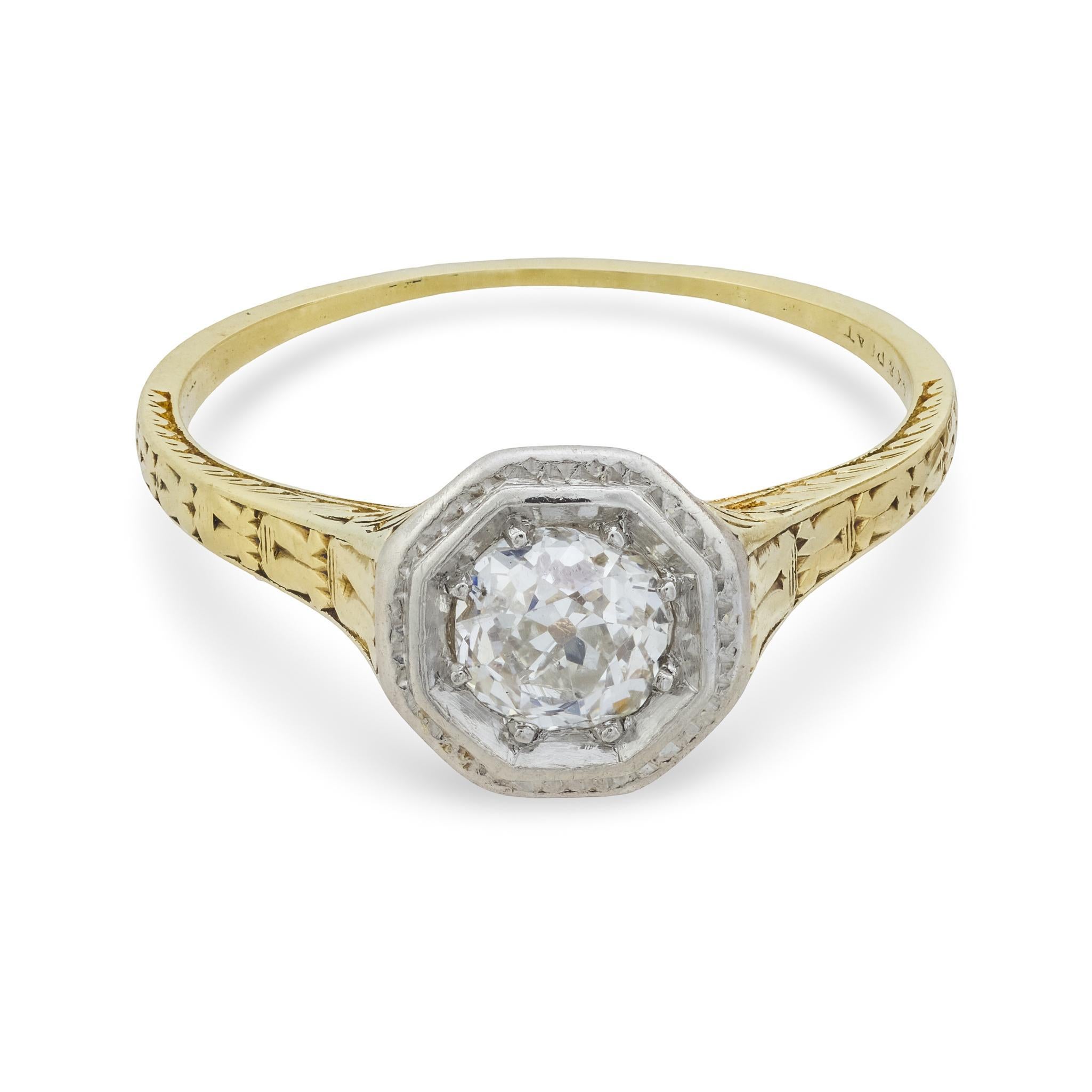 Edwardianischer Diamant 14k Gelbgold Verlobungsring Solitär (Alteuropäischer Brillantschliff) im Angebot