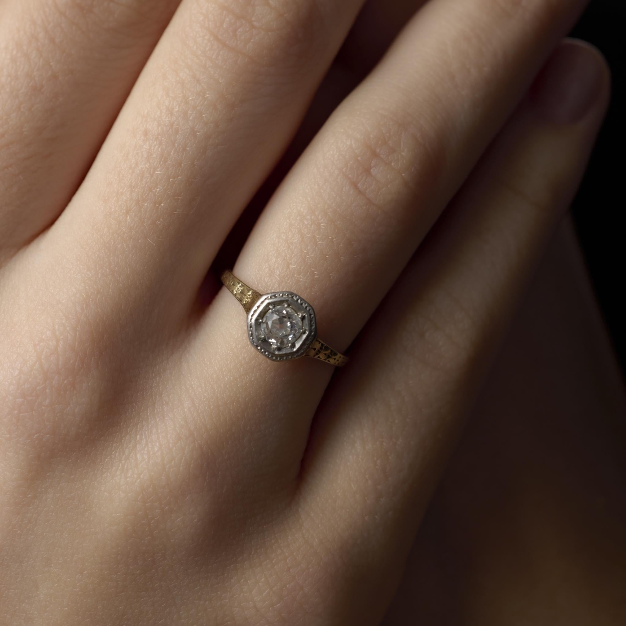 Edwardianischer Diamant 14k Gelbgold Verlobungsring Solitär im Zustand „Gut“ im Angebot in Beverly Hills, CA