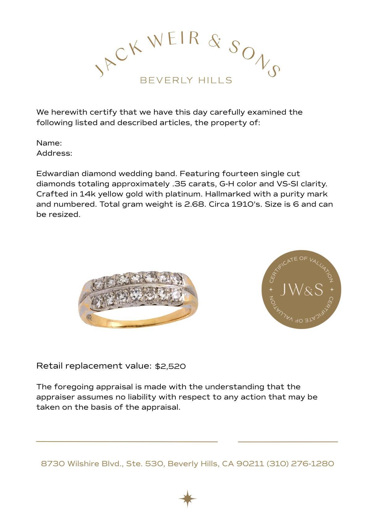 Edwardian diamond 14k yellow gold wedding band en Bueno estado para la venta en Beverly Hills, CA