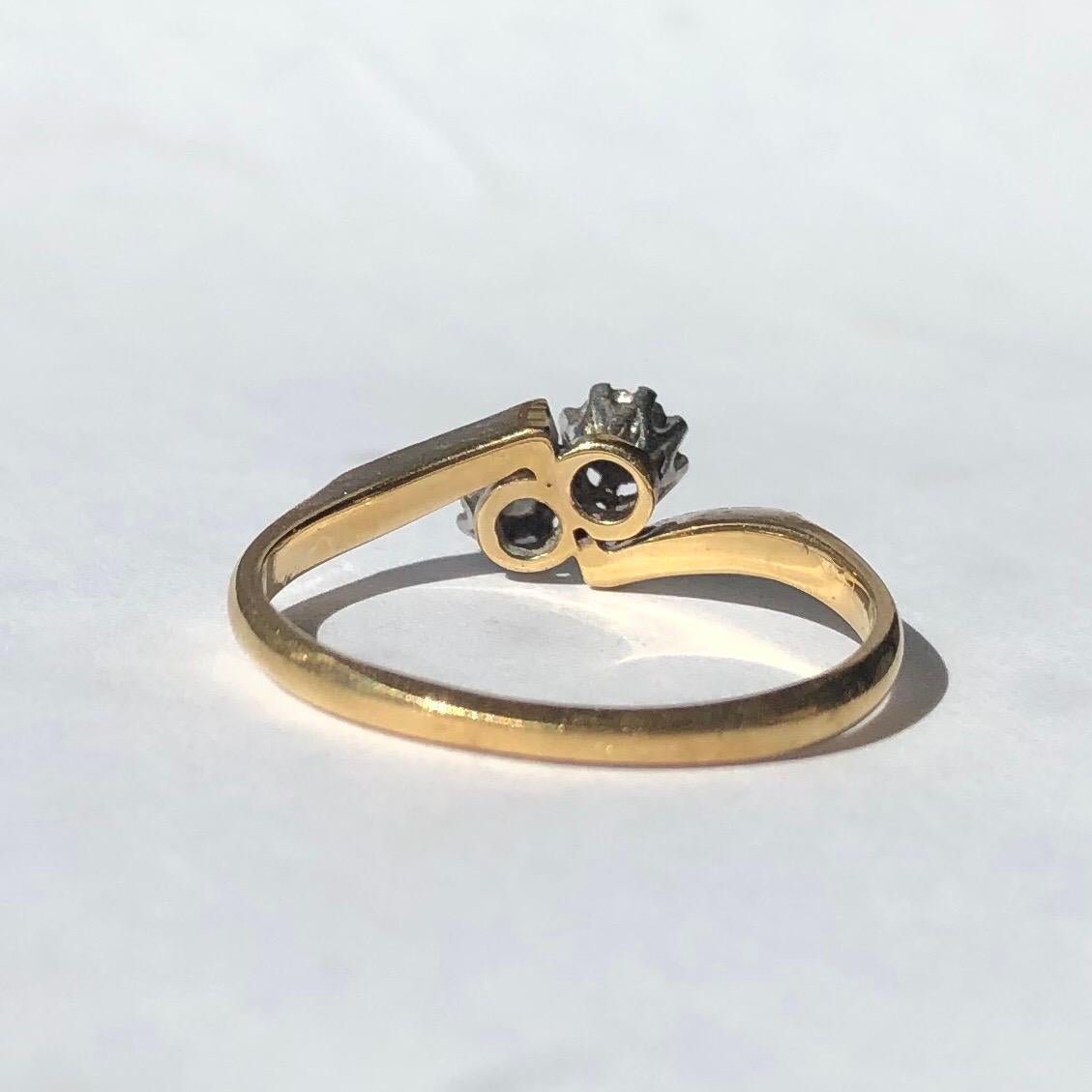 Round Cut Edwardian Diamond 18 Carat Gold and Platinum Cross Over Ring For Sale