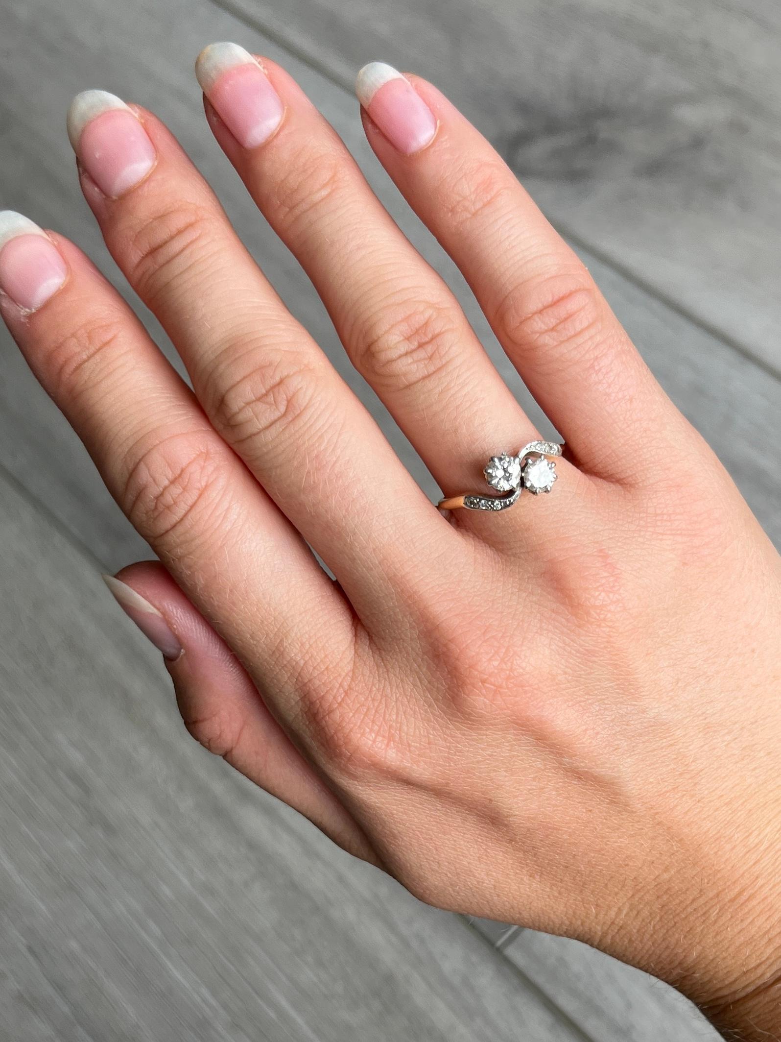 Round Cut Edwardian Diamond 18 Carat Gold and Platinum Cross Over Ring For Sale