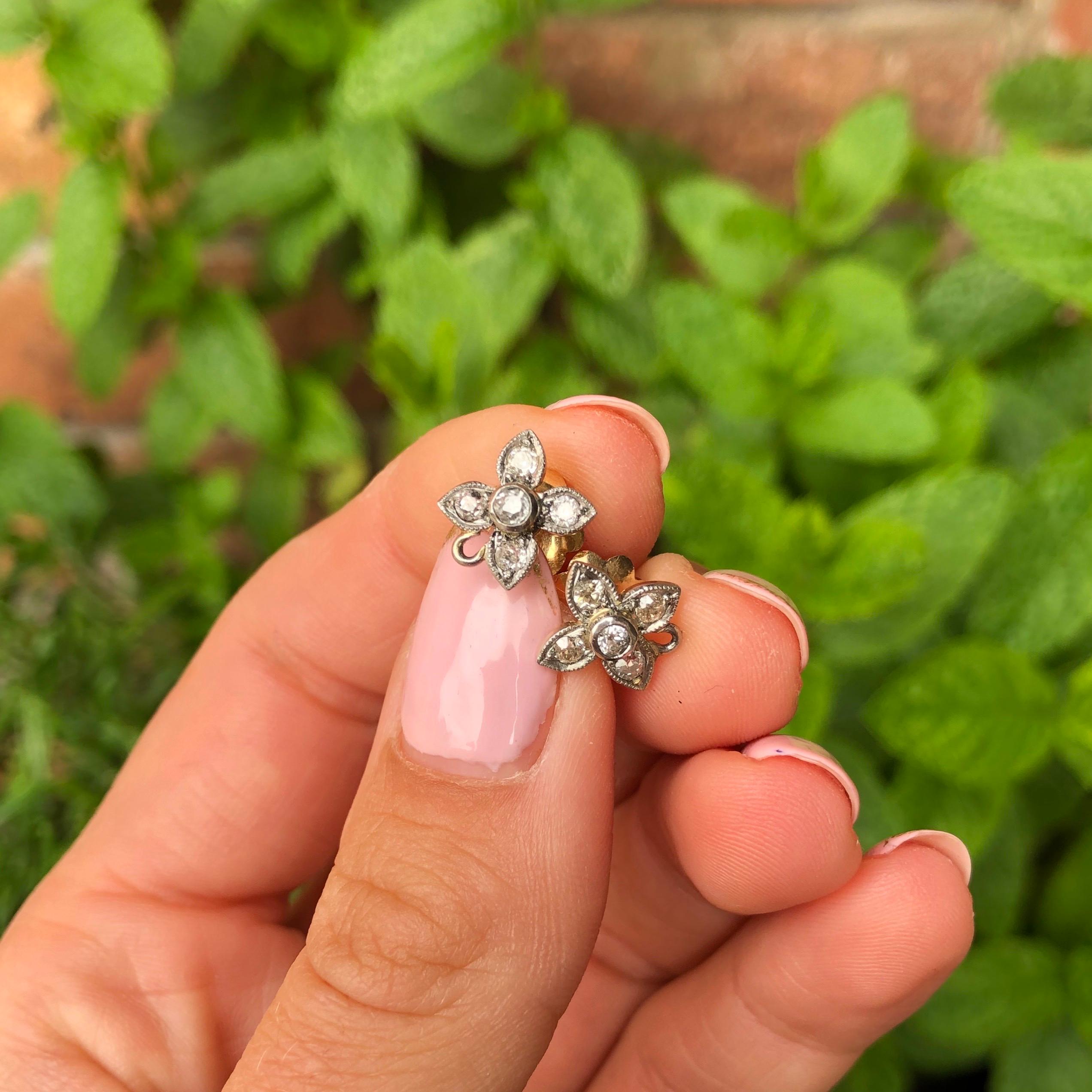 Edwardian Style Diamond, 18 Carat Gold and Platinum Flower Earrings In Good Condition In Chipping Campden, GB