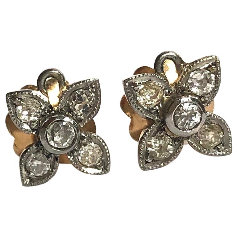 Edwardian Style Diamond, 18 Carat Gold and Platinum Flower Earrings