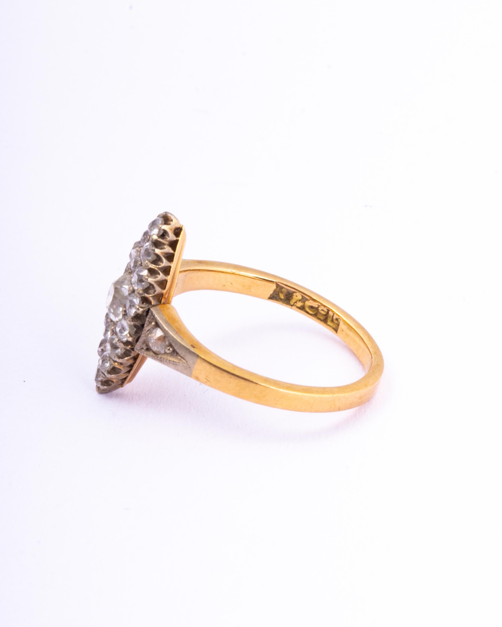 Old Mine Cut Edwardian Diamond, 18 Carat Gold and Platinum Marquise Ring For Sale