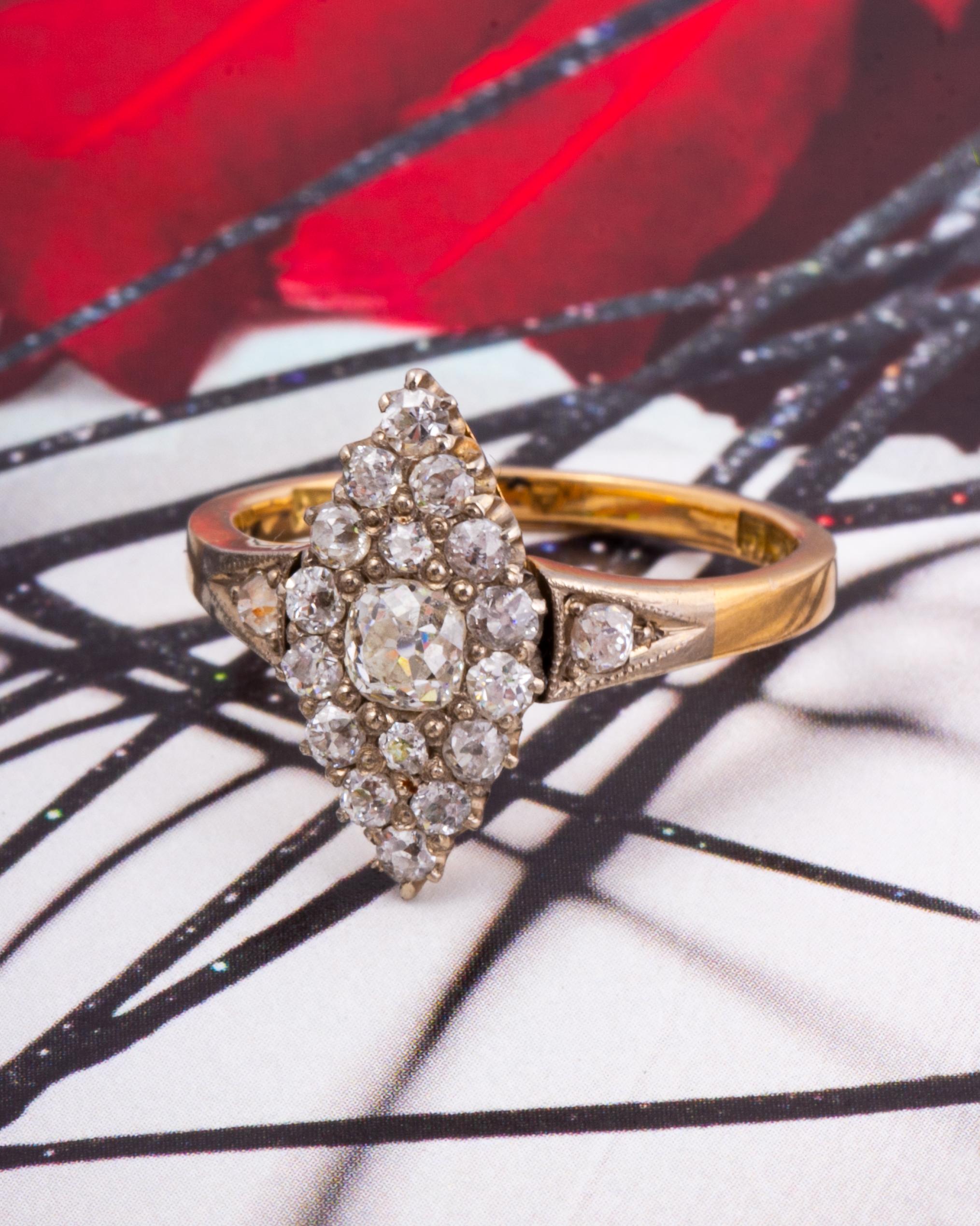 Women's Edwardian Diamond, 18 Carat Gold and Platinum Marquise Ring For Sale