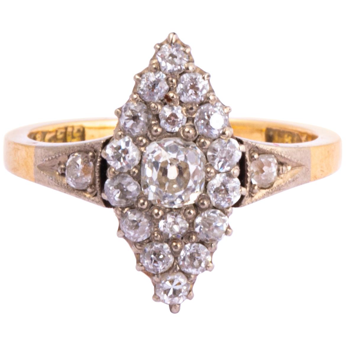 Edwardian Diamond, 18 Carat Gold and Platinum Marquise Ring For Sale