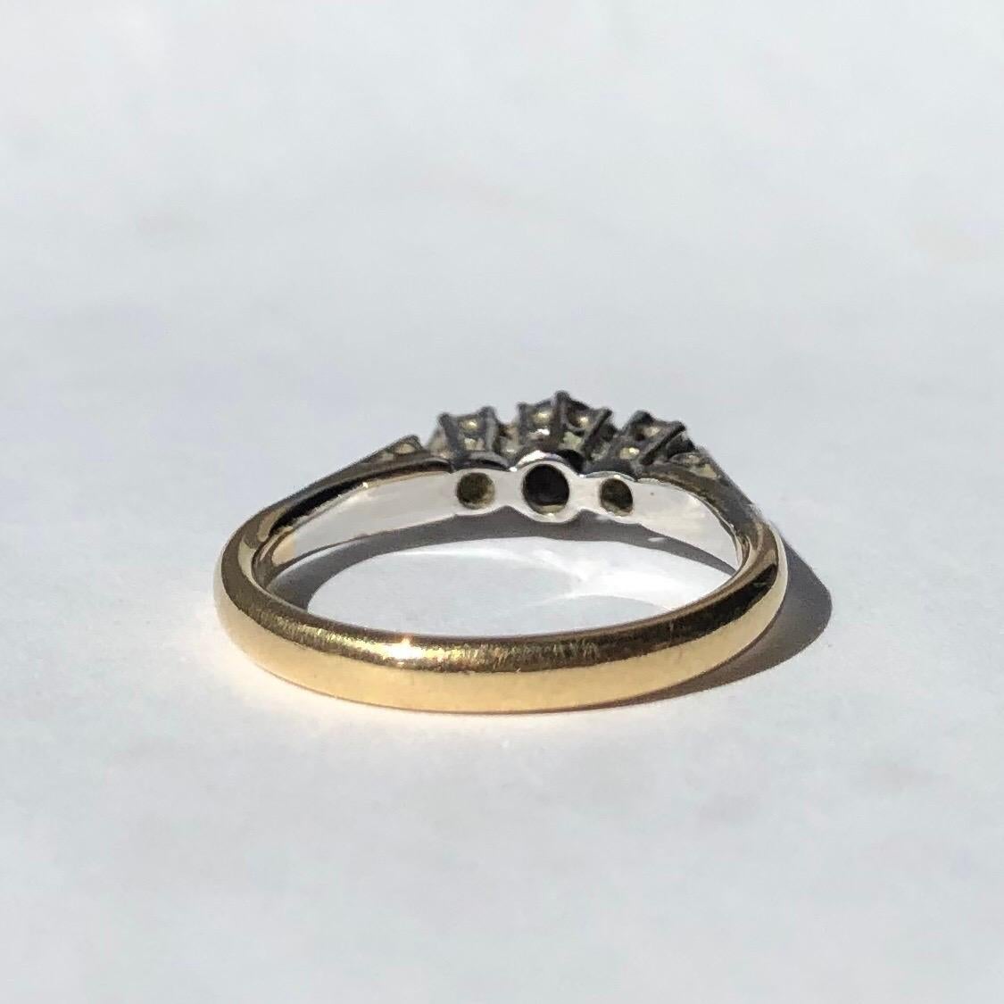 Round Cut Edwardian Diamond, 18 Carat Gold and Platinum Three-Stone Ring For Sale