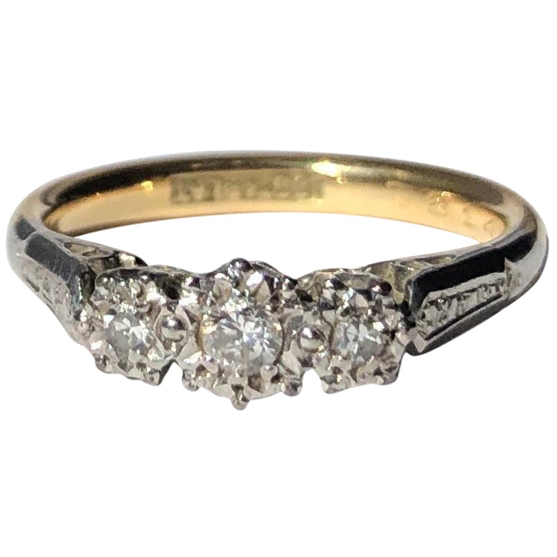 Dreisteiniger edwardianischer Ring aus Diamanten, 18 Karat Gold und Platin
