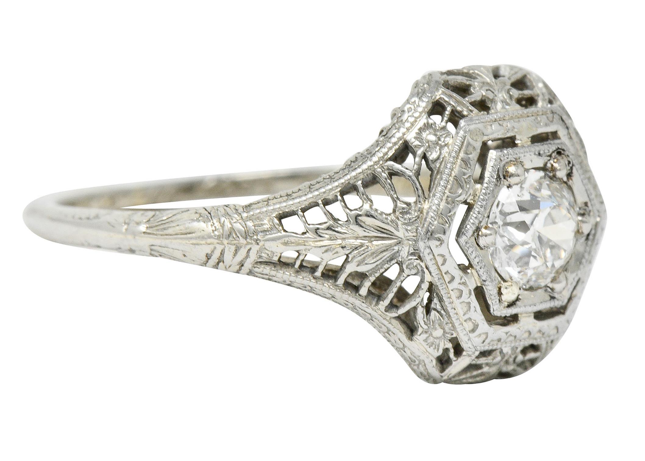 Round Cut Edwardian Diamond 18 Karat White Gold Hexagonal Engagement Ring