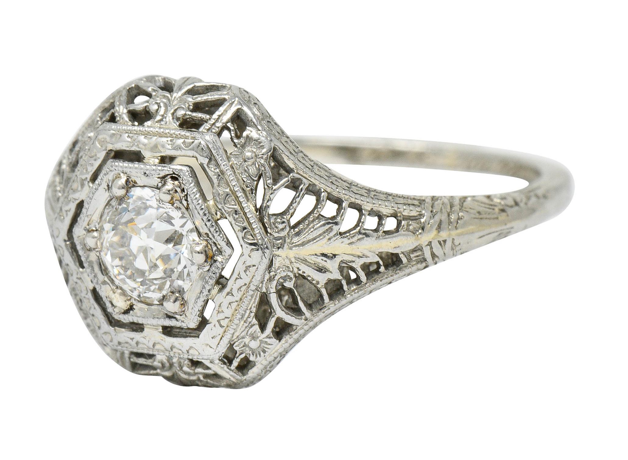 Edwardian Diamond 18 Karat White Gold Hexagonal Engagement Ring 2