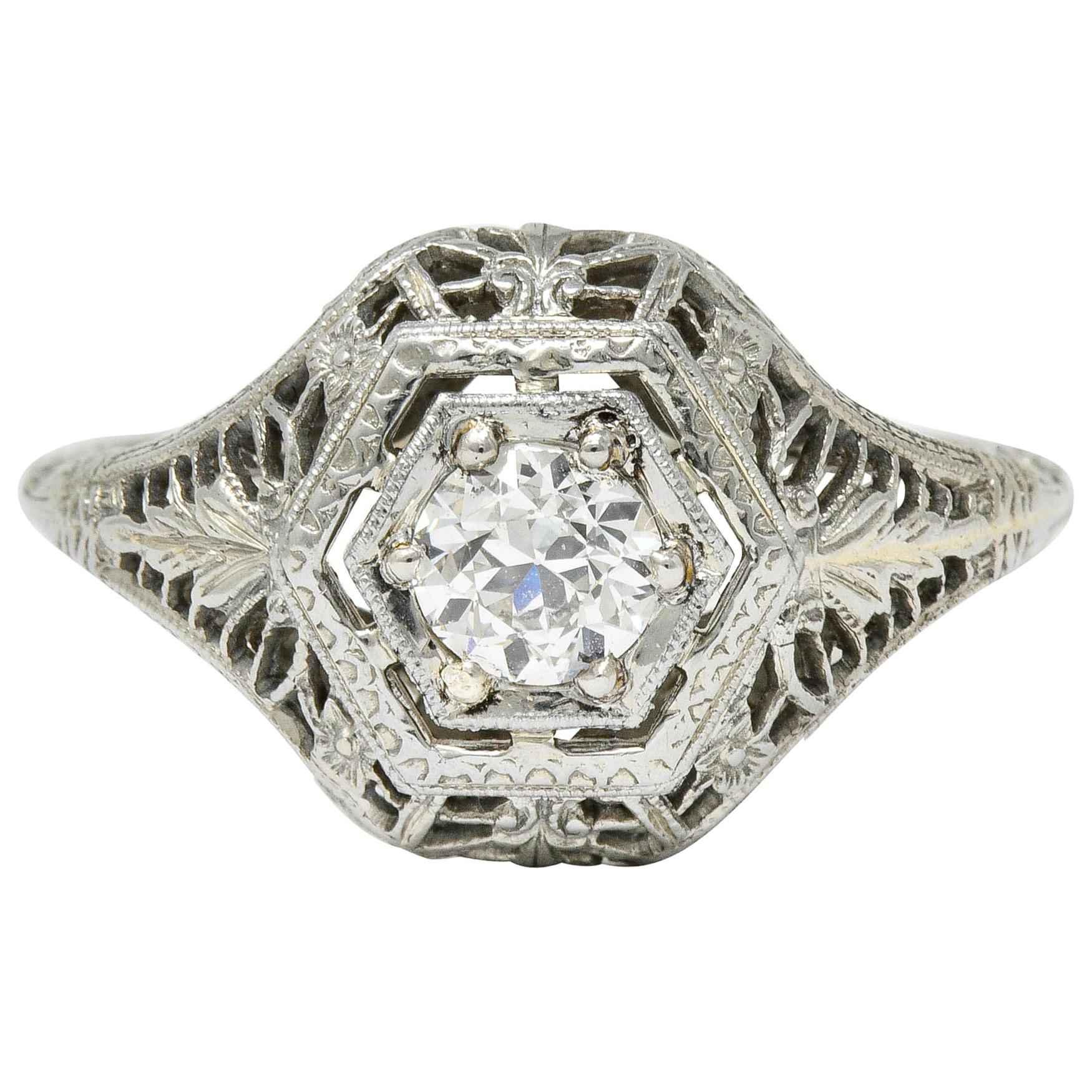 Edwardian Diamond 18 Karat White Gold Hexagonal Engagement Ring