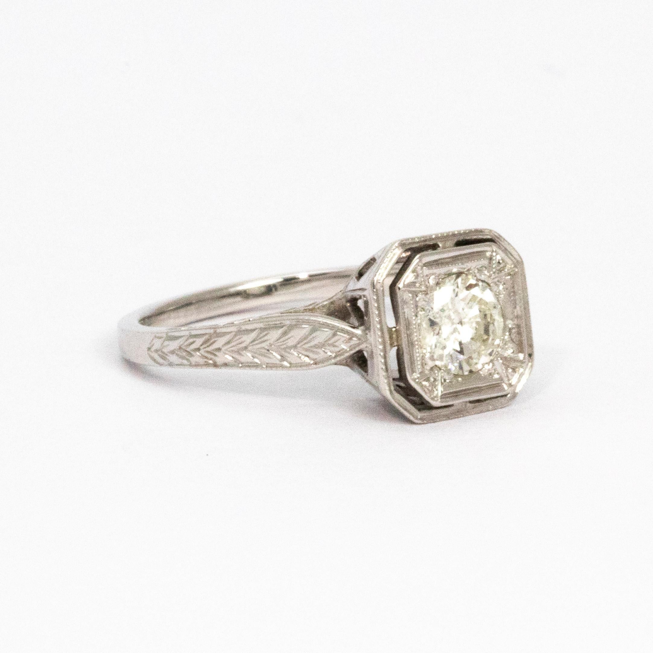 Round Cut Edwardian Diamond and 18 Carat White Gold Solitaire Ring
