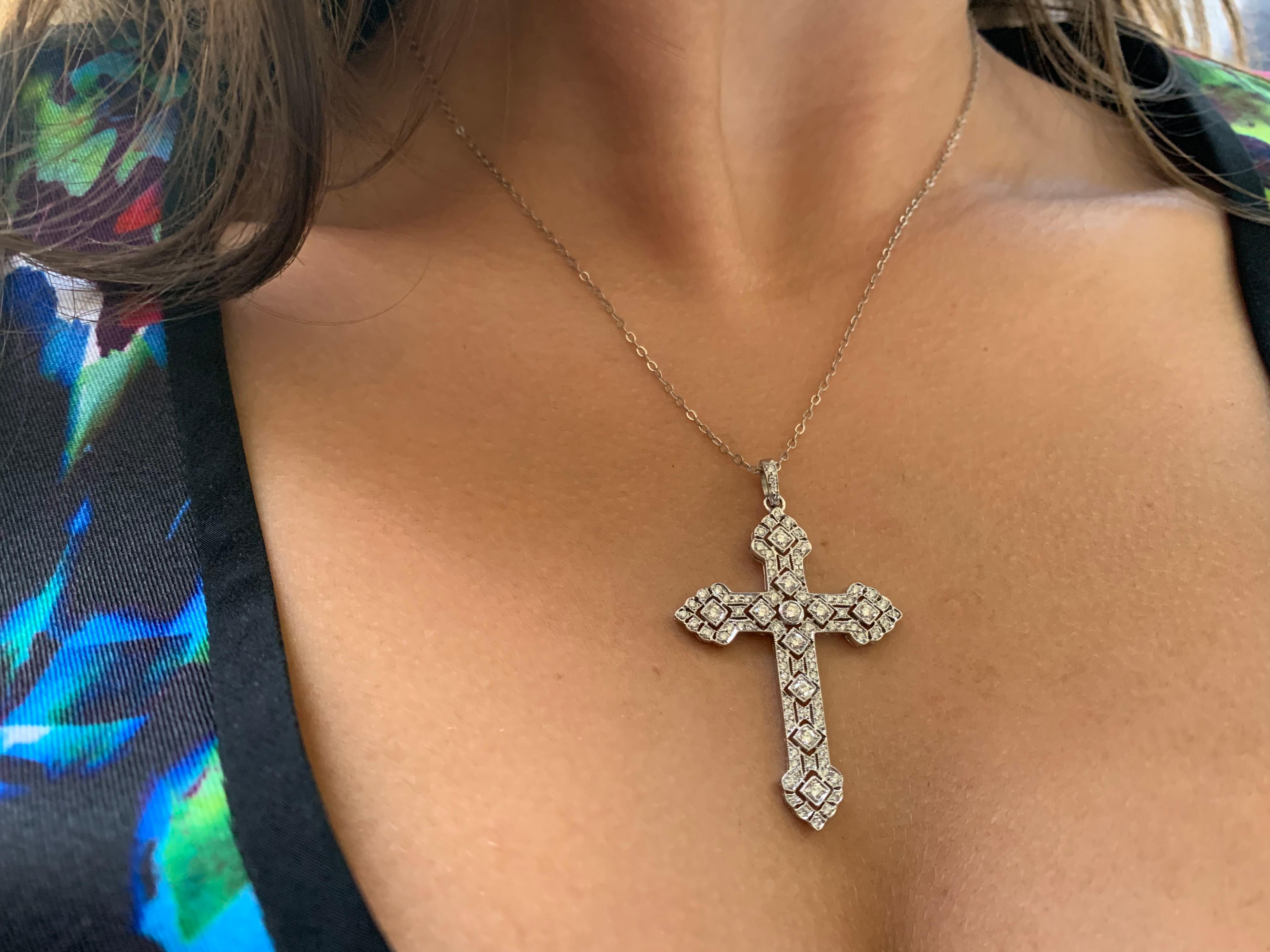 Antique Edwardian Diamond 18K White Gold Fine Reticulated Cross For Sale 3