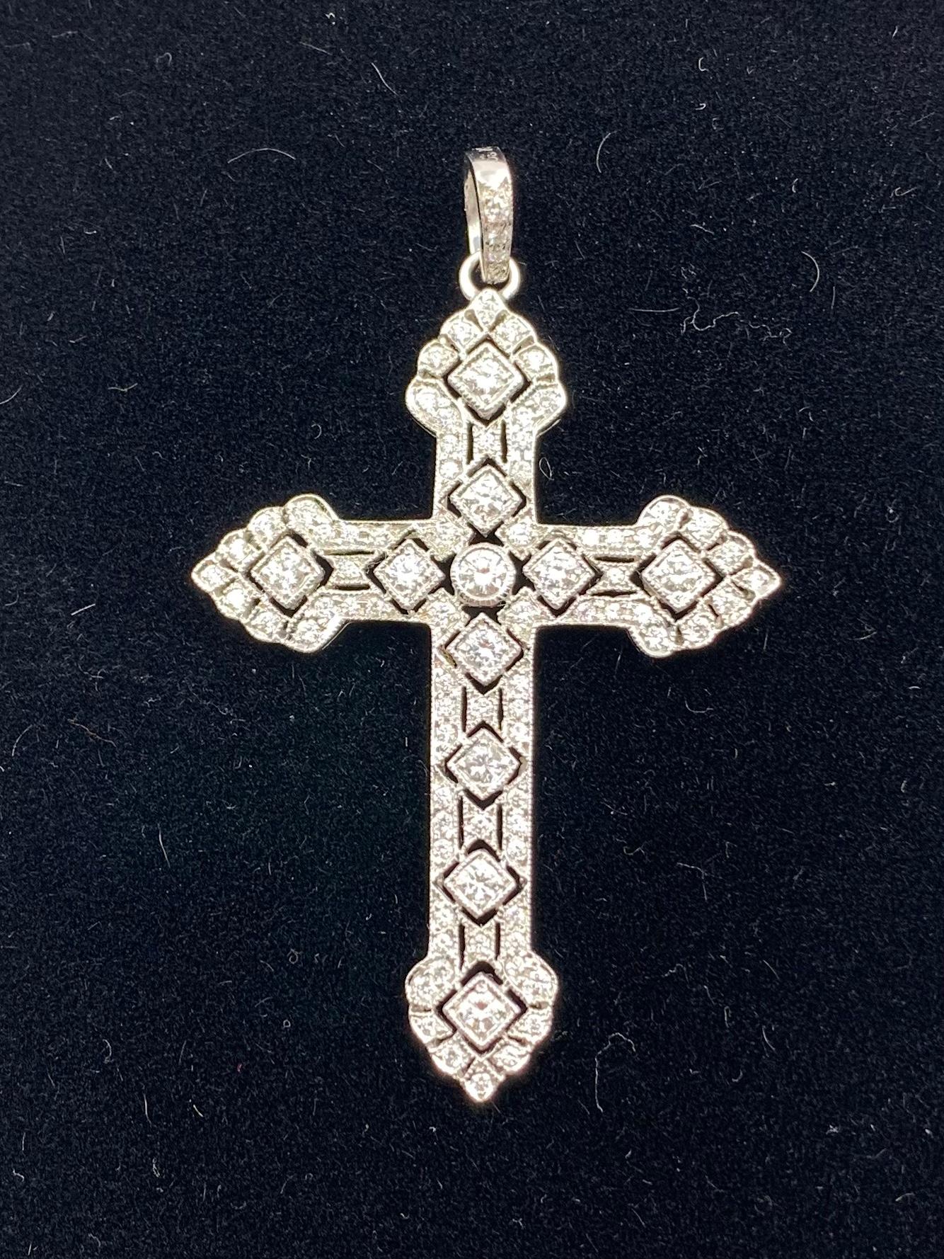 Round Cut Antique Edwardian Diamond 18K White Gold Fine Reticulated Cross For Sale