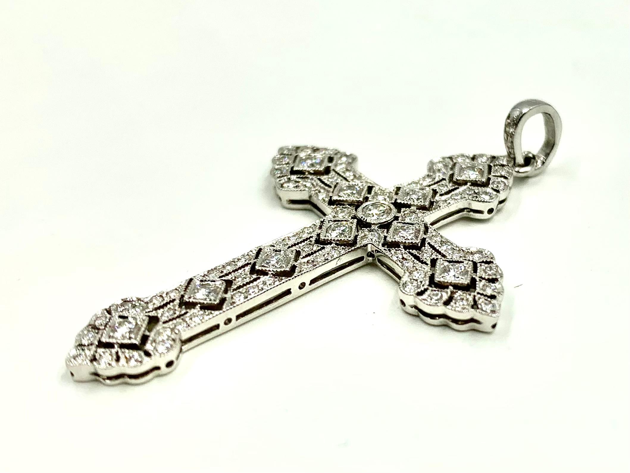 Women's or Men's Antique Edwardian Diamond 18K White Gold Fine Reticulated Cross For Sale