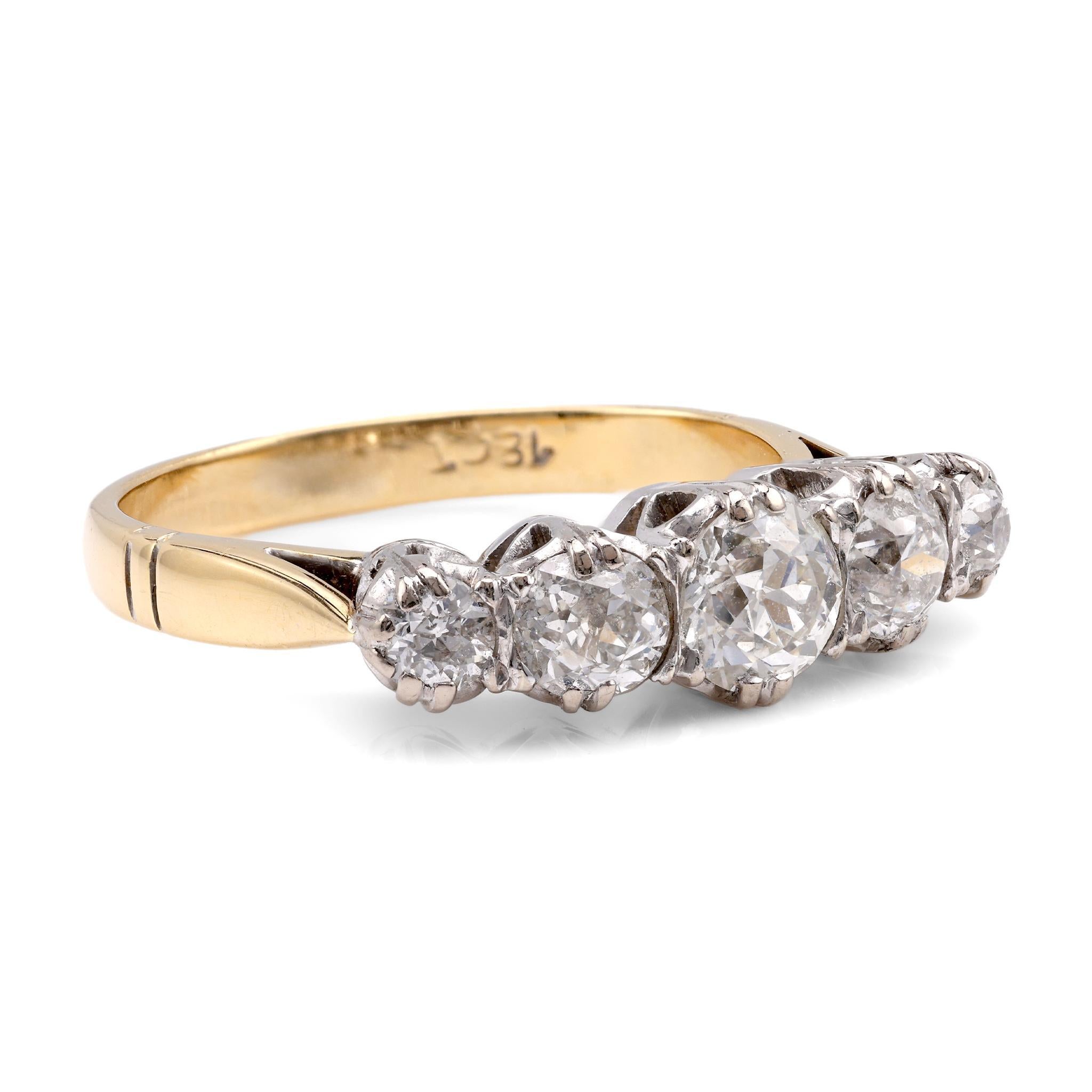 Brilliant Cut Edwardian Diamond 18K Yellow and White Gold Five Stone Band