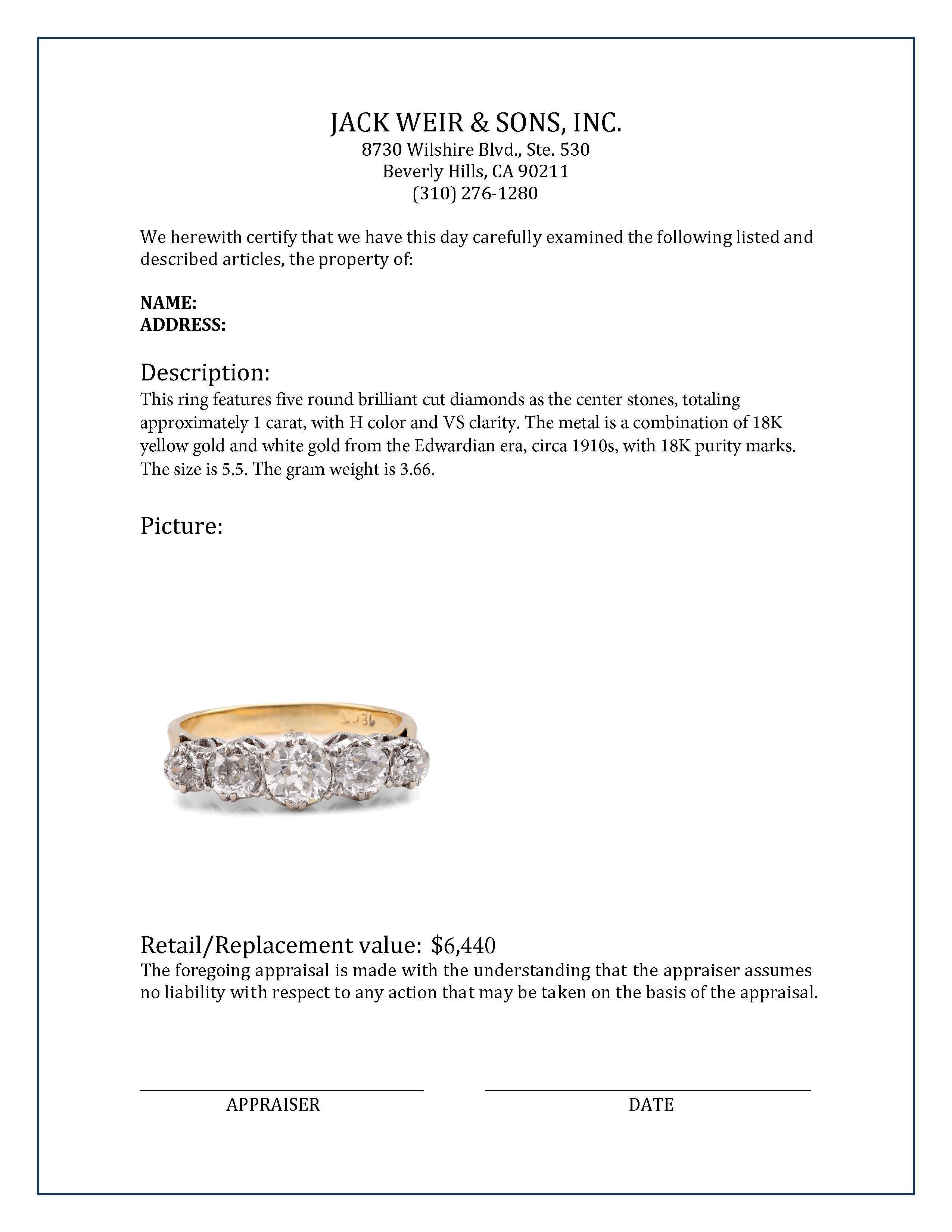 Edwardian Diamond 18K Yellow and White Gold Five Stone Band In Excellent Condition In Beverly Hills, CA
