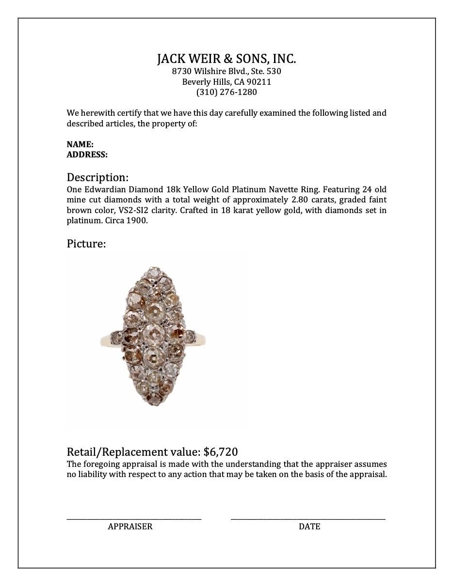Edwardian Diamond 18k Yellow Gold Platinum Navette Ring For Sale 2