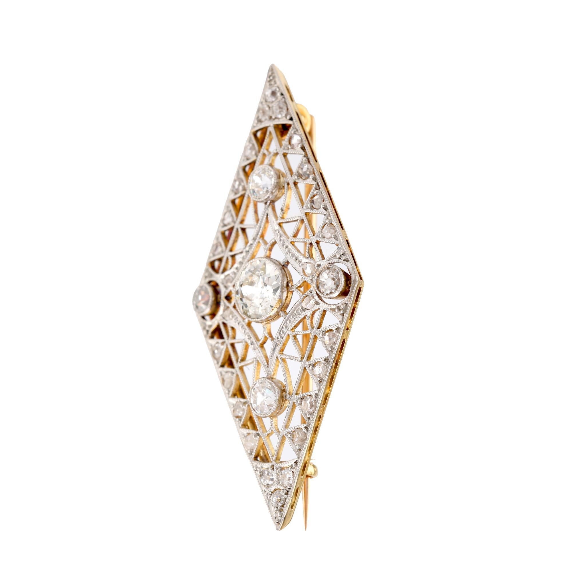 Old European Cut Edwardian Diamond 18K Yellow Gold Silver Brooch For Sale