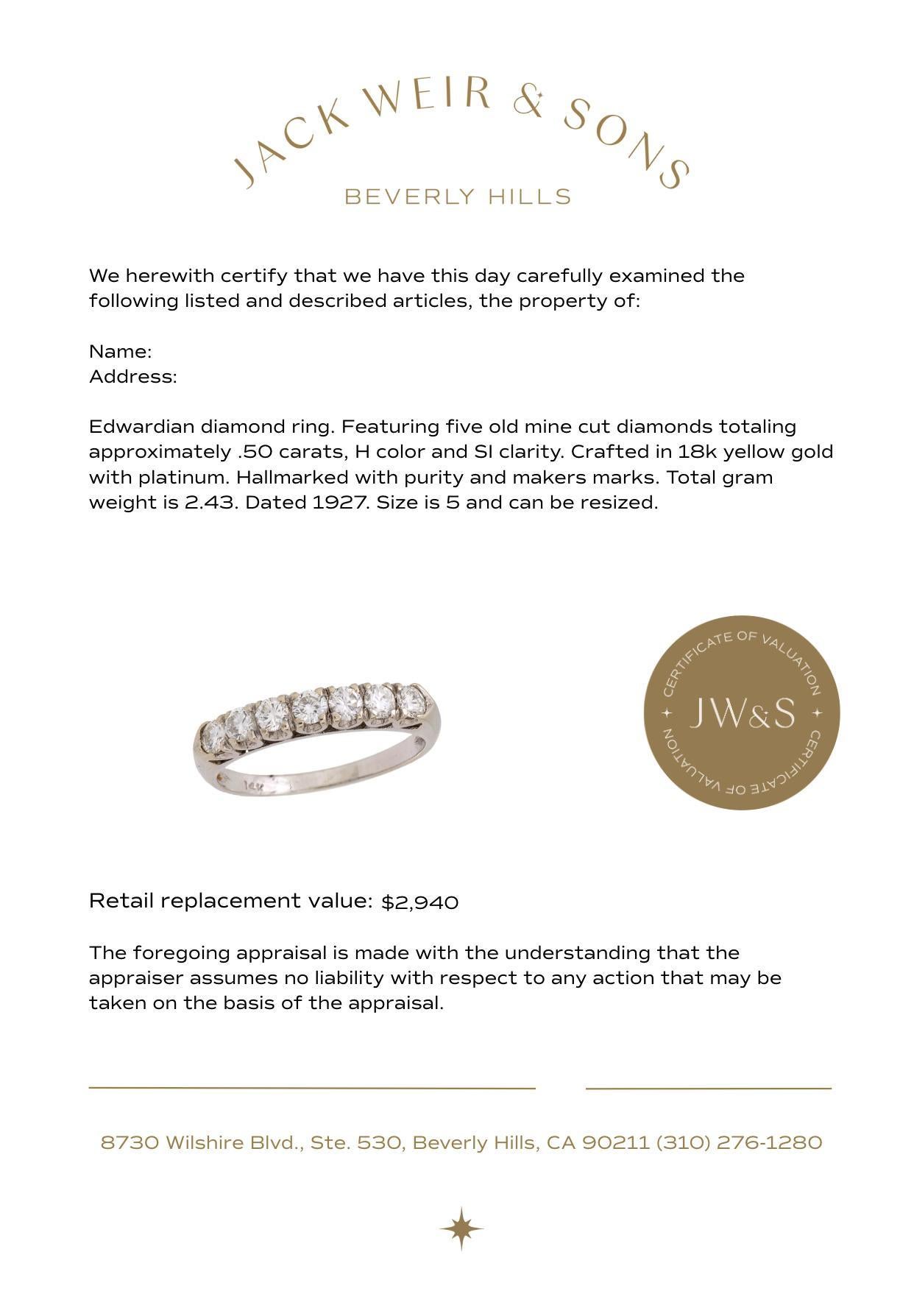 Women's Edwardian diamond 18k yellow gold wedding band For Sale