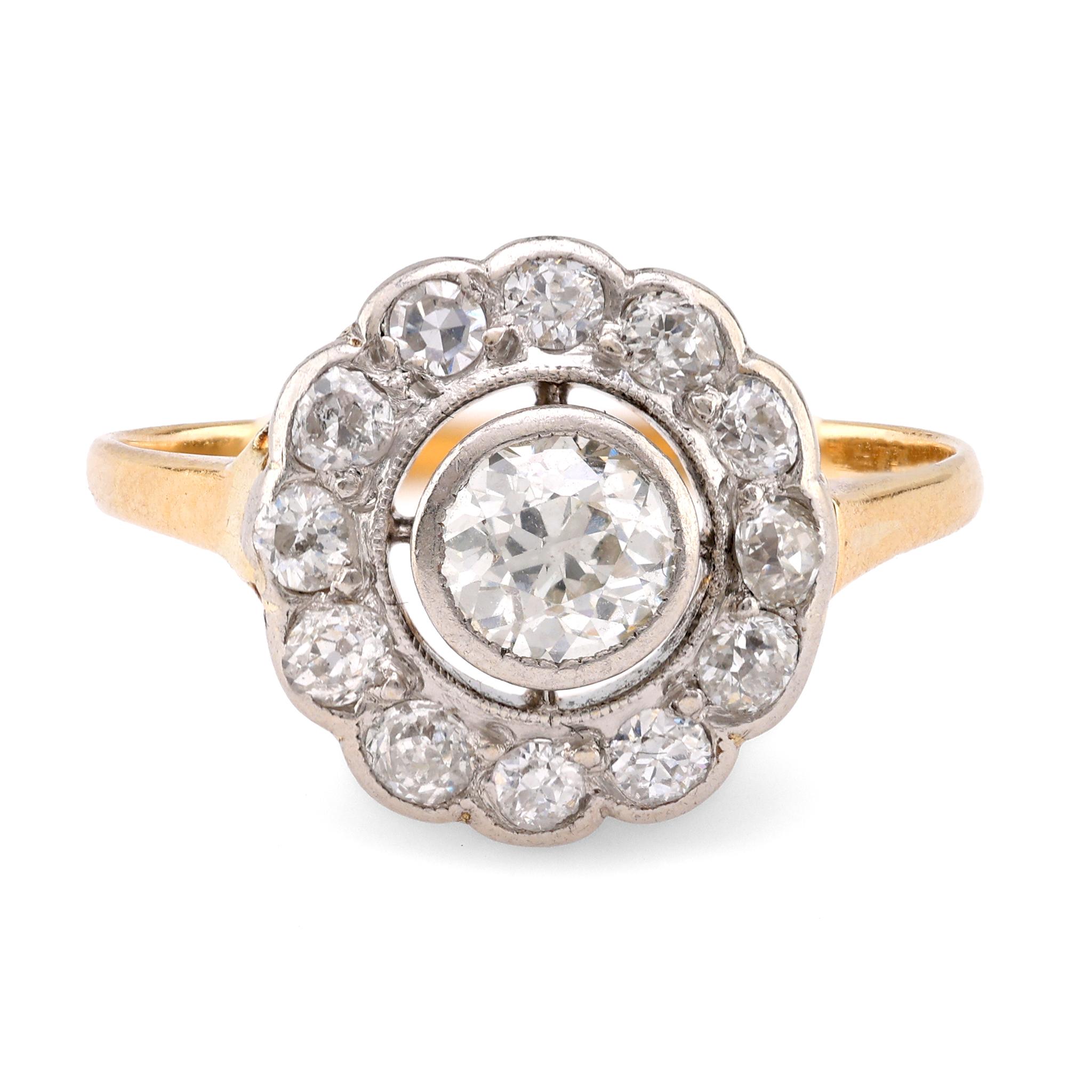 Edwardianischer Diamant 18K Gelb Weißgold Target Ring im Zustand „Hervorragend“ in Beverly Hills, CA