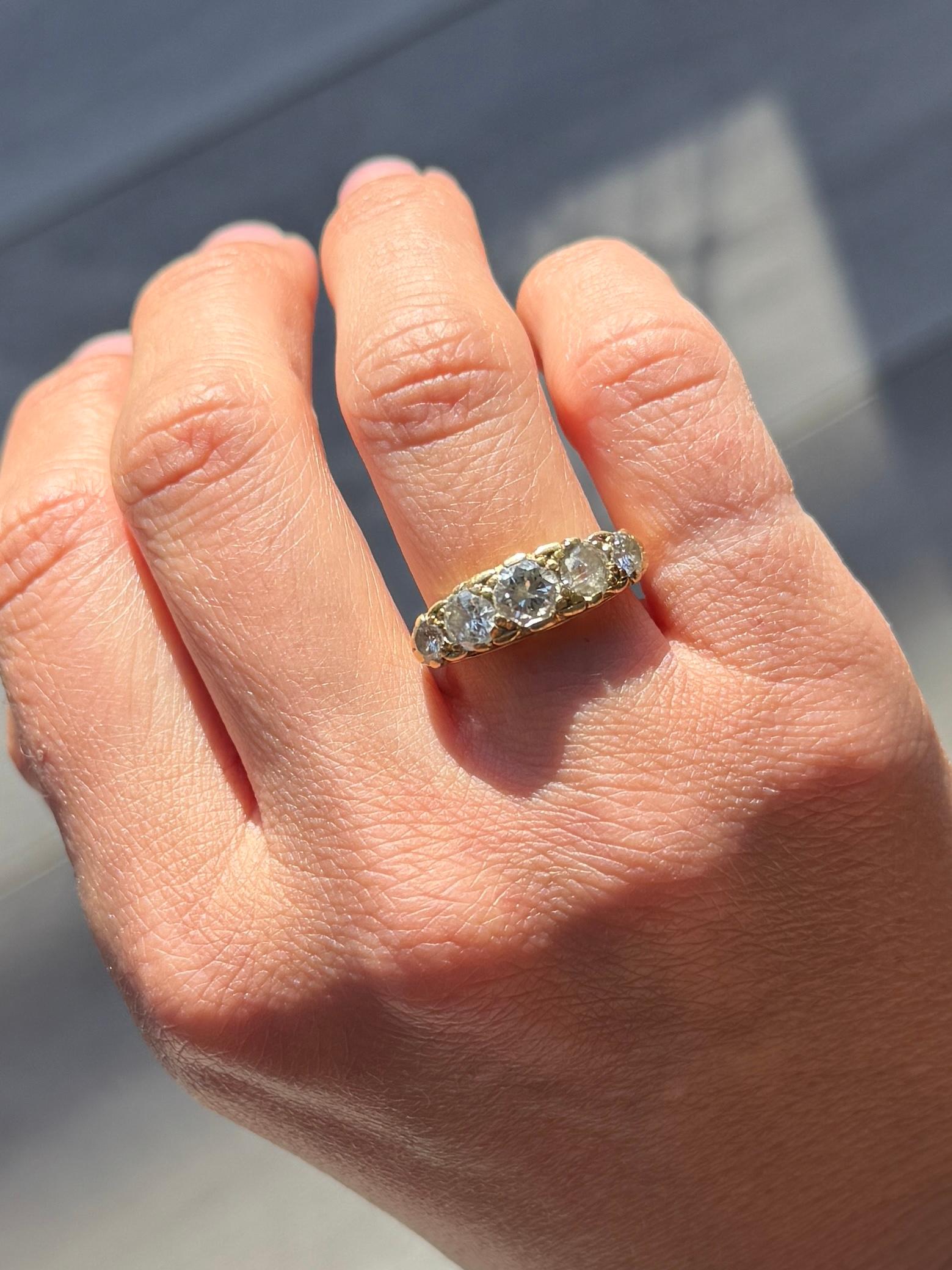 Old European Cut Edwardian Diamond and 18 Carat Gold Five-Stone Band Ring