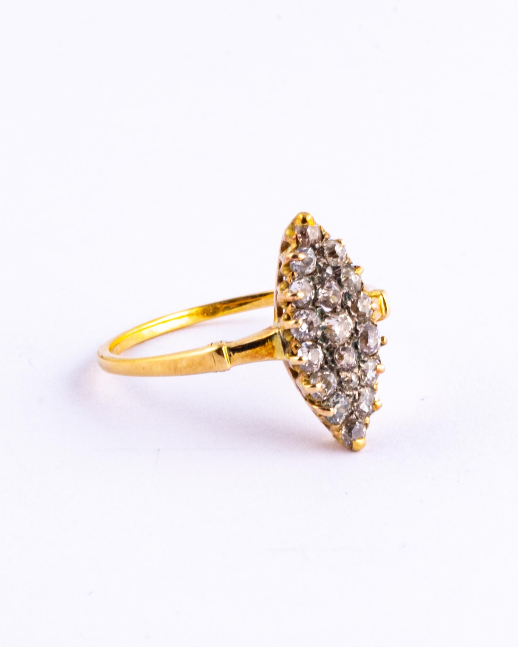 The style of this Edwardian ring is stunning. Each diamond is clean and bright and has gorgeous sparkle. The old mine cut diamonds total approx 90pts. Modelled in 18ct gold. 

Size: P or 7 3/4 
Dimensions: 16x8mm

Weight: 2.4g