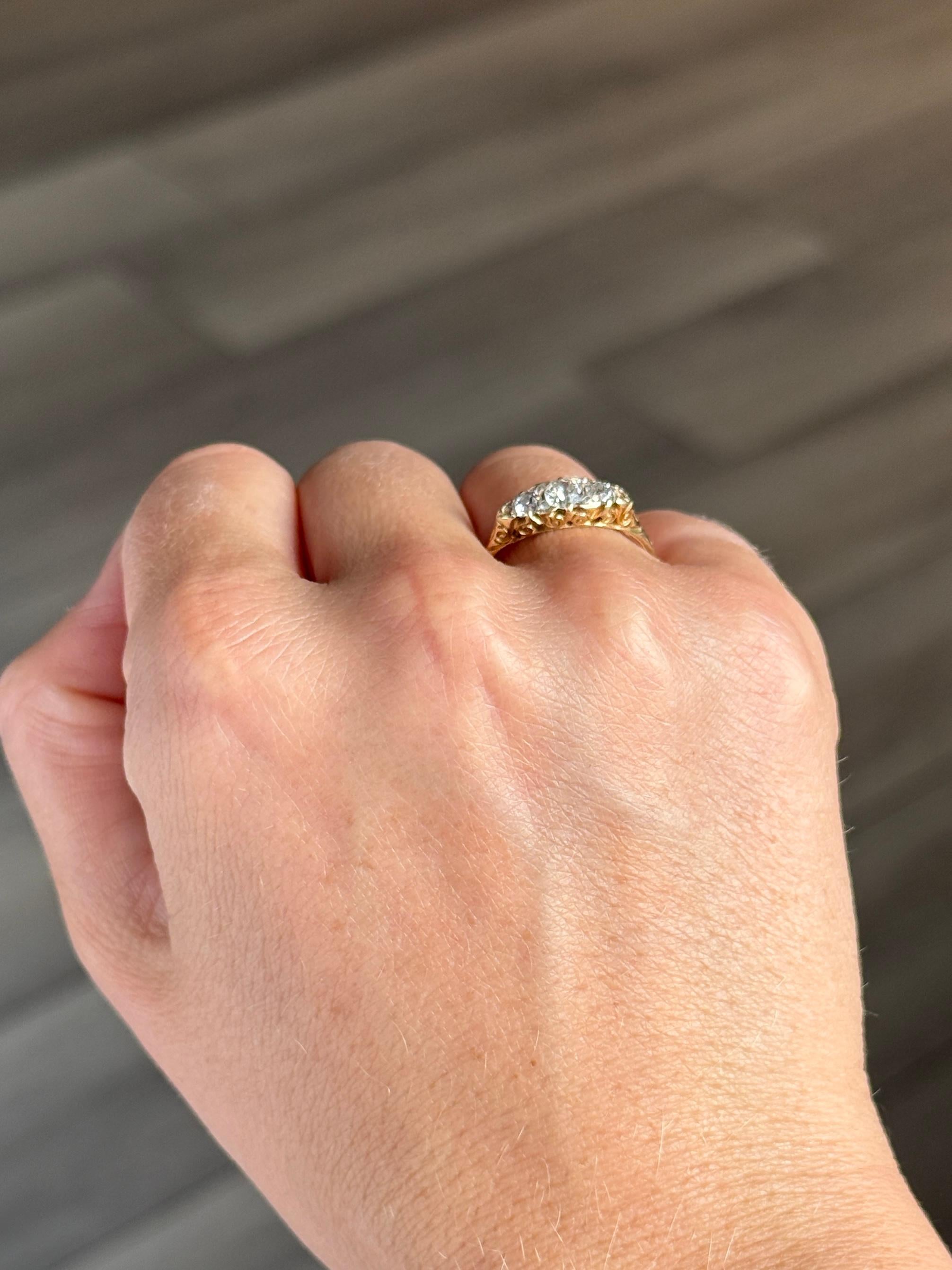 Old European Cut Edwardian Diamond and 18 Carat Gold Three Stone Ring For Sale