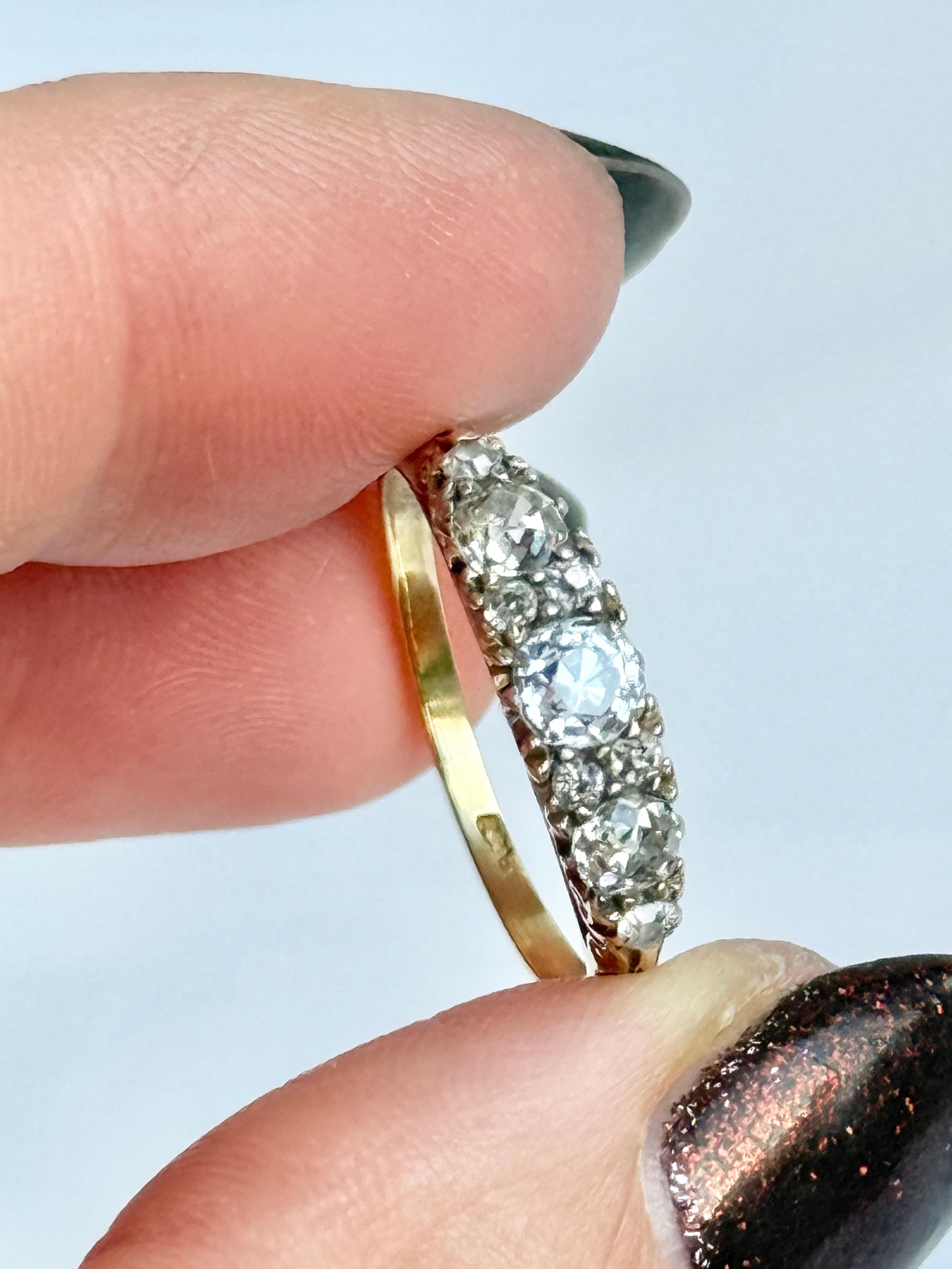 da uomo o donna Anello edoardiano con tre pietre in oro 18 carati e diamanti in vendita