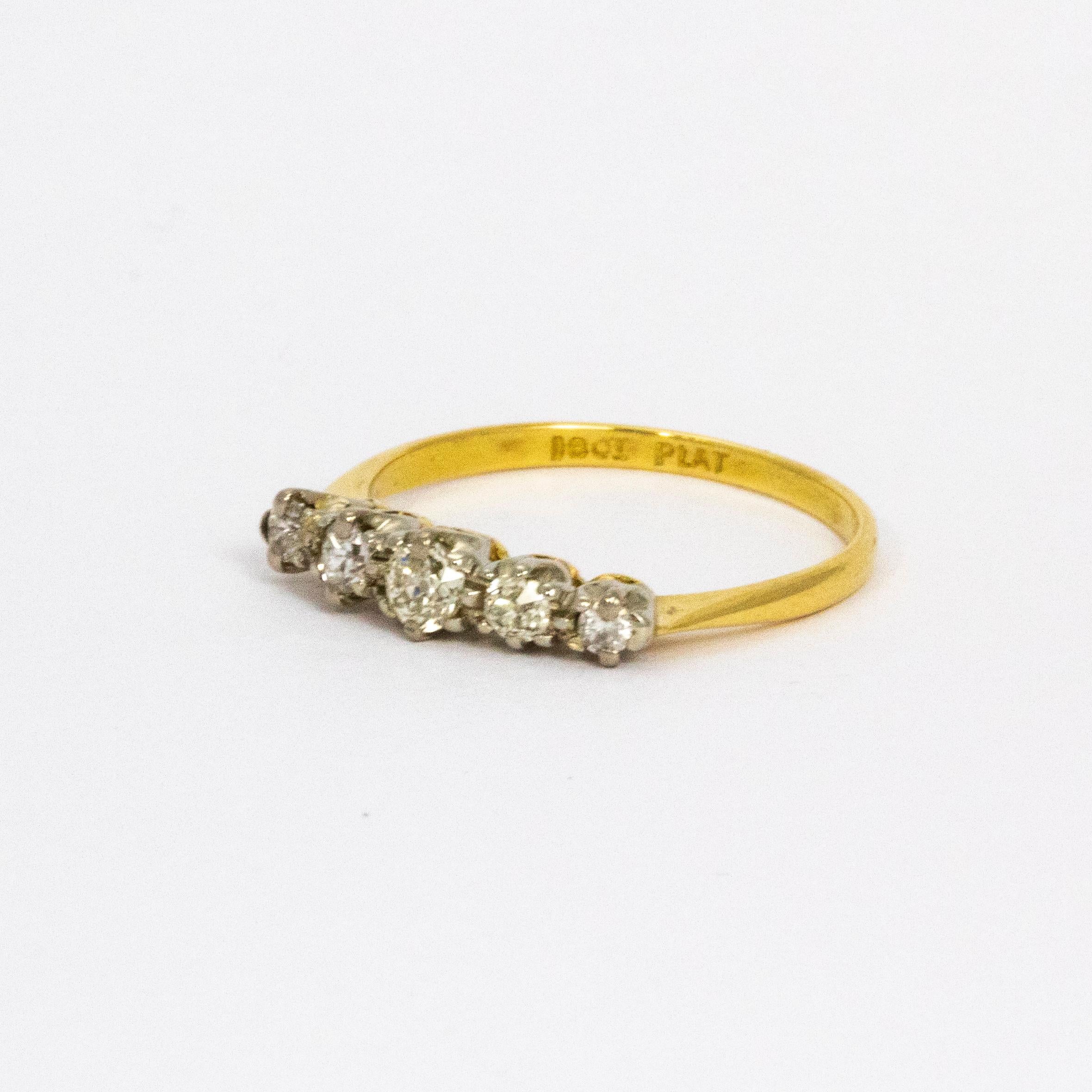 Classic graduated five stone diamond ring modelled in 18ct gold. diamond total approx 40pts. 

Ring Size: M or 6
Width: 3.5mm

Weight: 1.9g