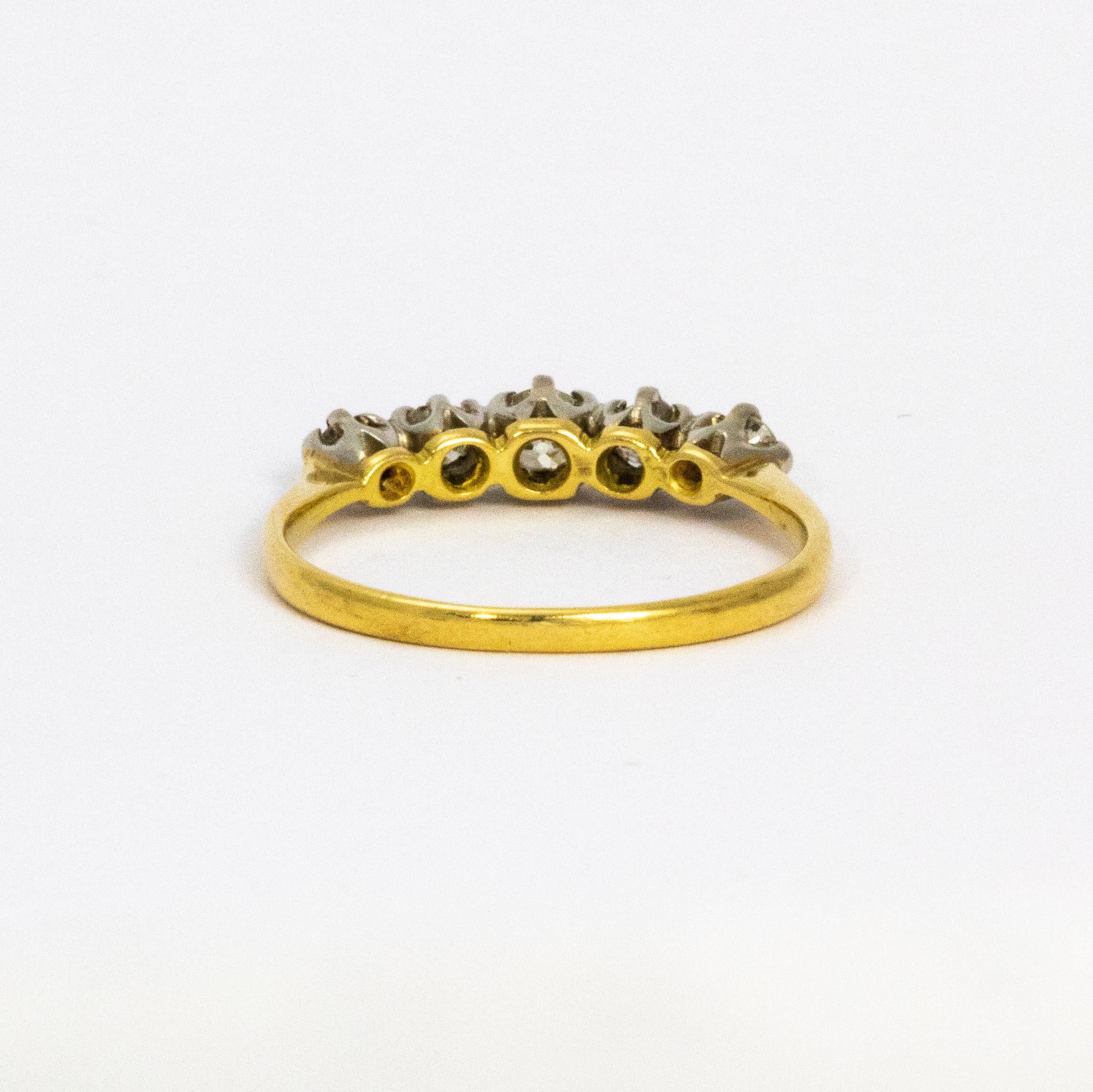 Round Cut Edwardian Diamond and 18 Carat Gold Five-Stone Ring