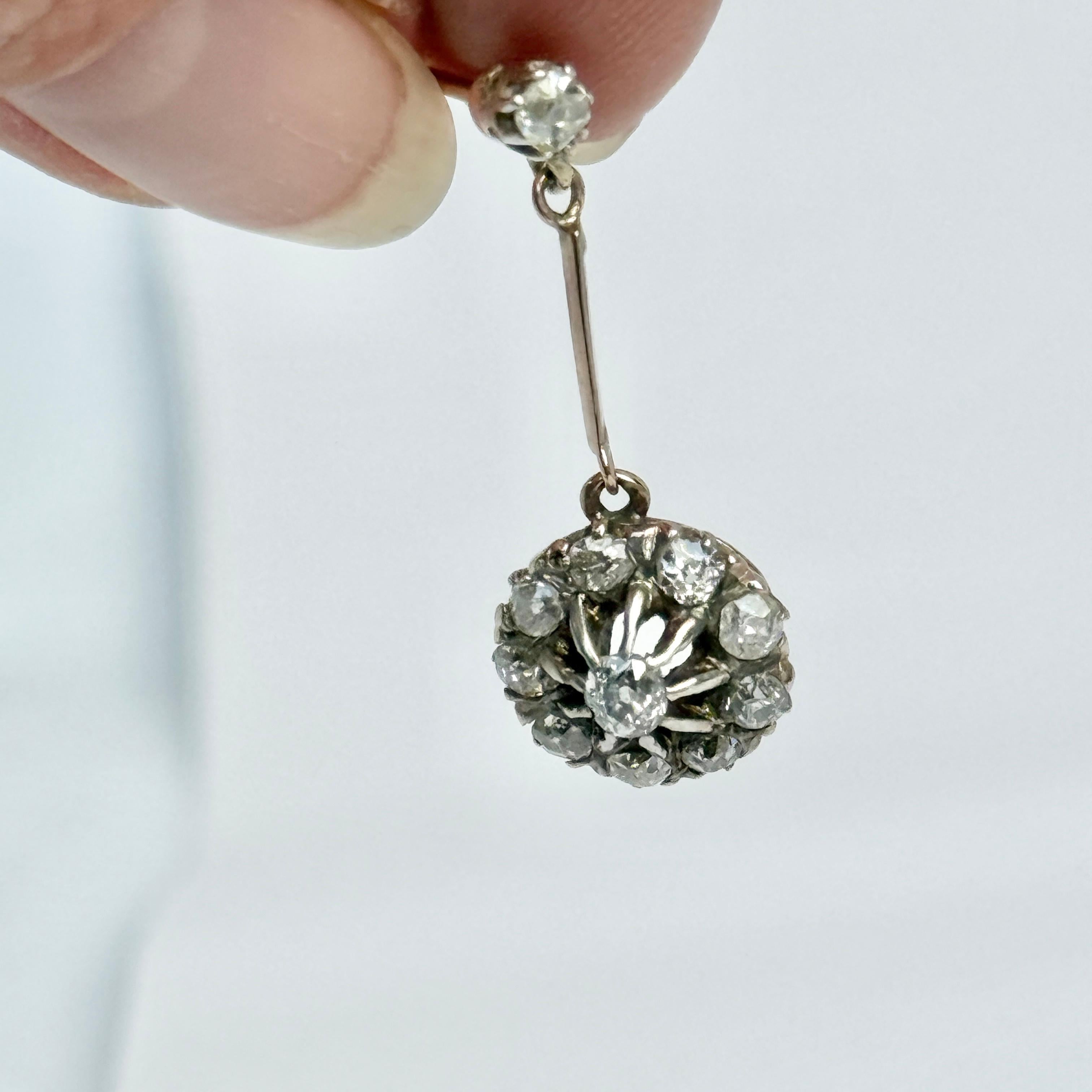 Old Mine Cut Edwardian Diamond and 9 Carat Gold Cluster Dangly Earrings For Sale