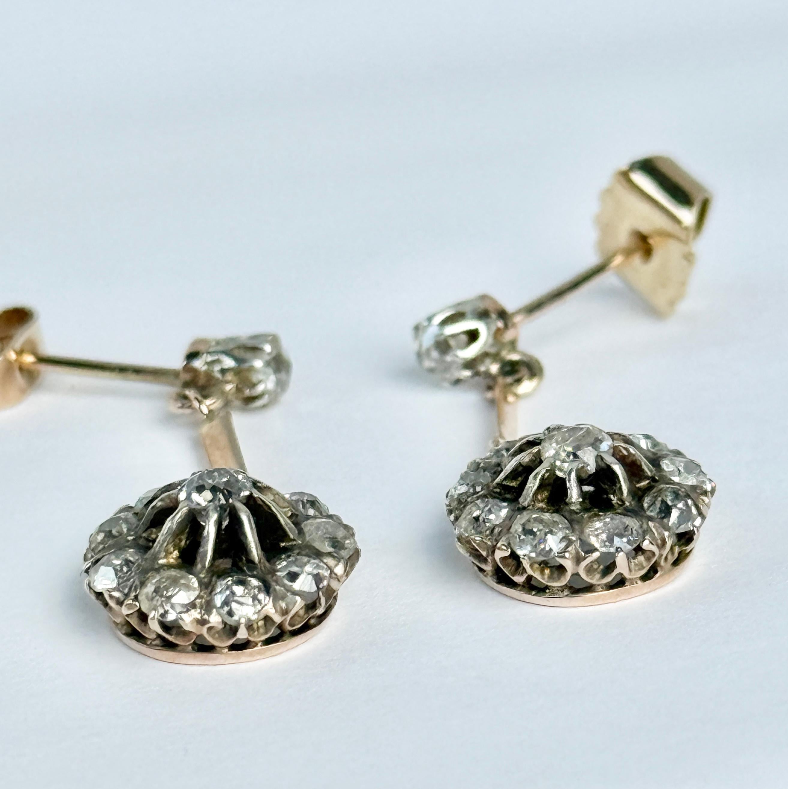 Edwardian Diamond and 9 Carat Gold Cluster Dangly Earrings In Good Condition For Sale In Chipping Campden, GB