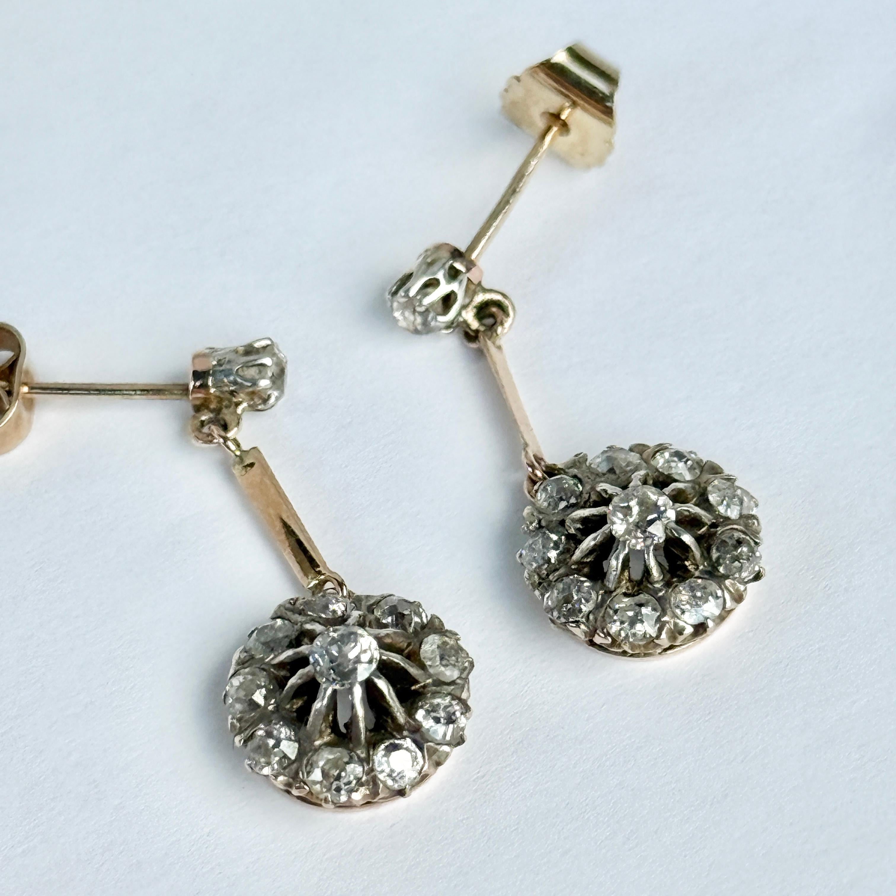 Women's Edwardian Diamond and 9 Carat Gold Cluster Dangly Earrings For Sale