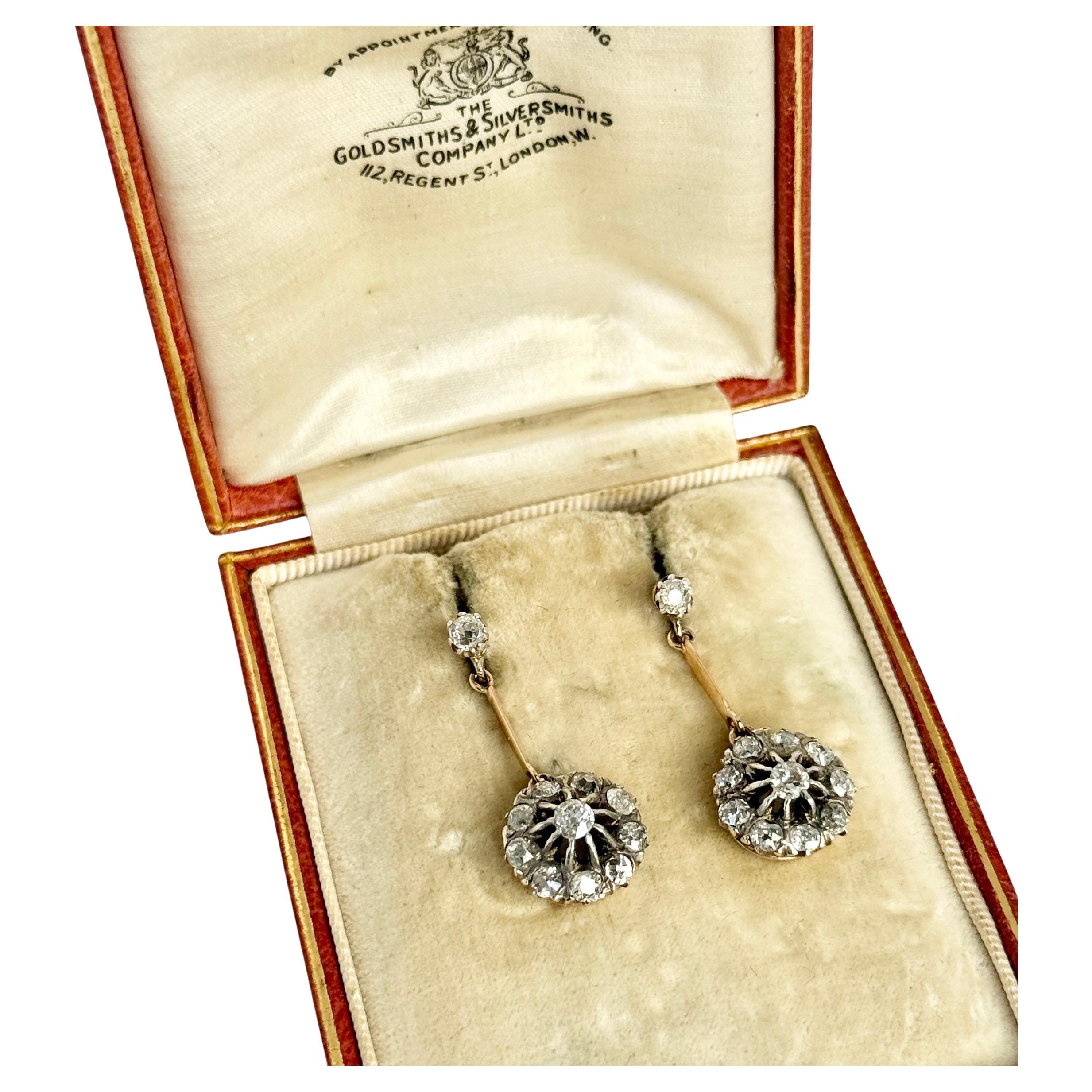 Edwardian Diamond and 9 Carat Gold Cluster Dangly Earrings For Sale