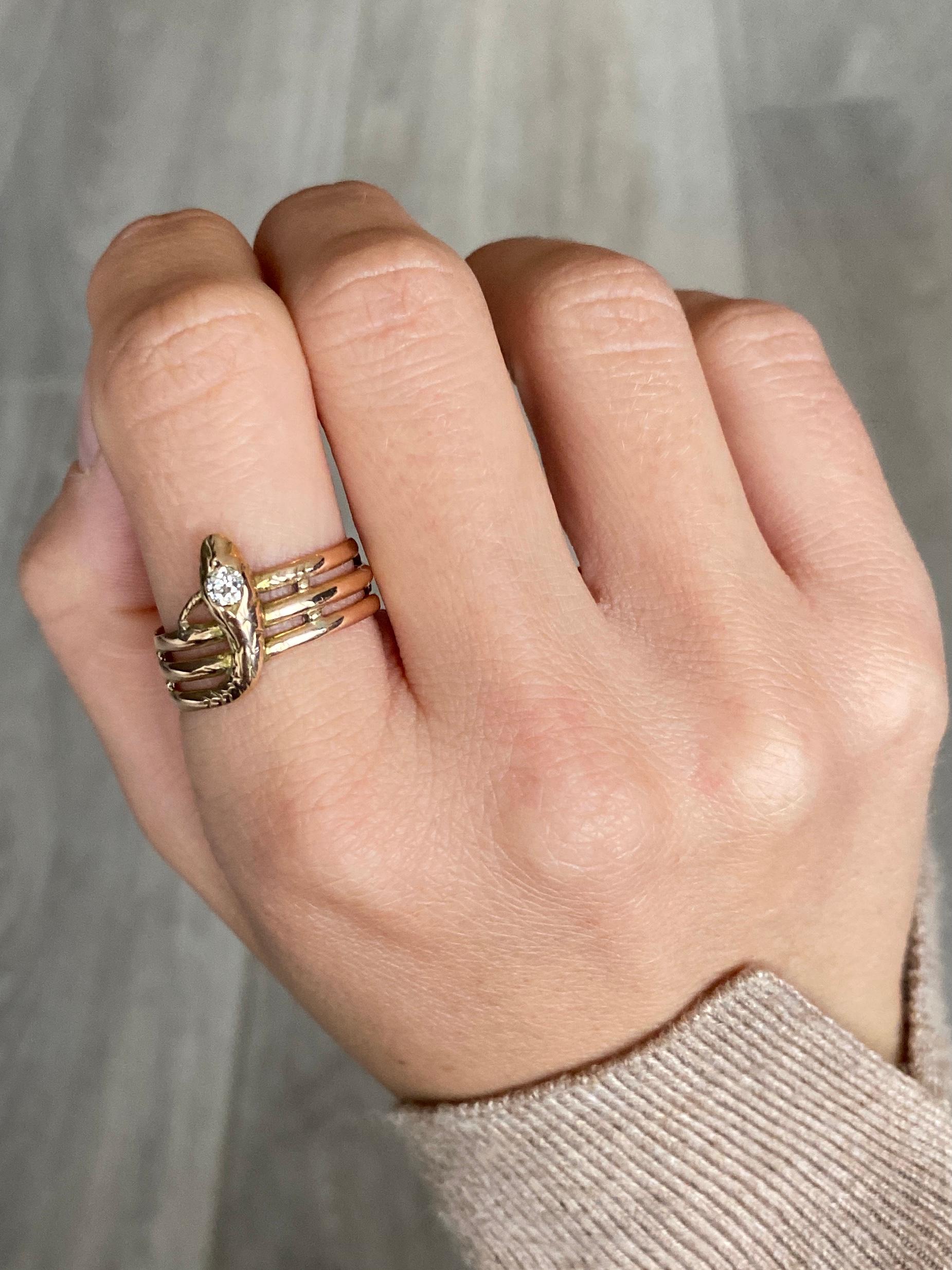 Round Cut Edwardian Diamond and 9 Carat Gold Snake Ring