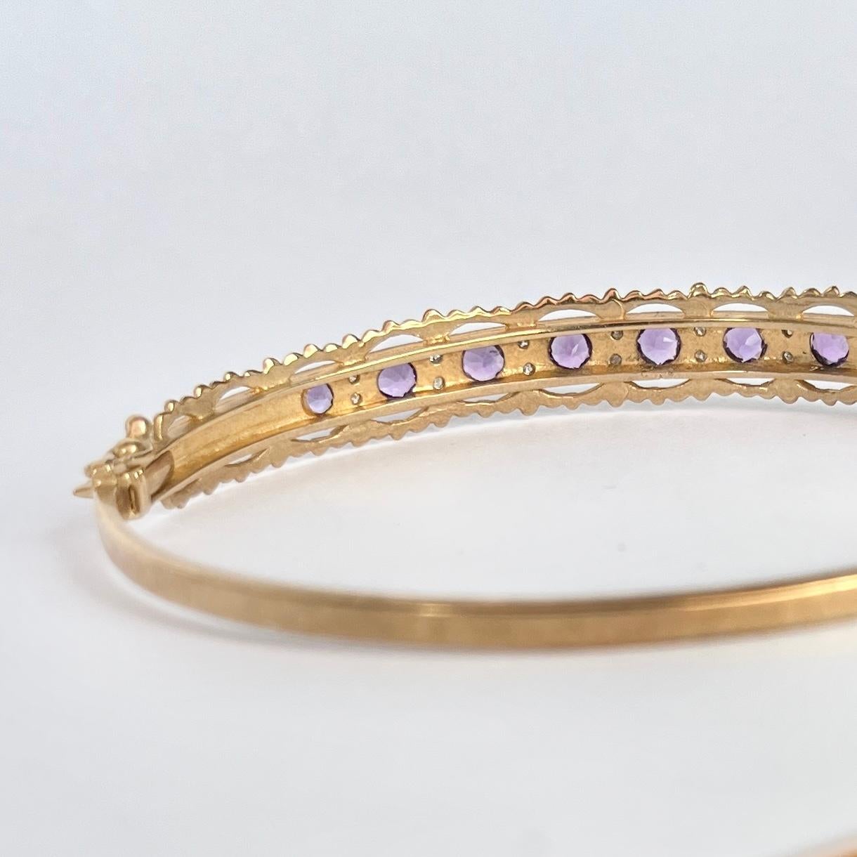 Round Cut Edwardian Diamond and Amethyst 9 Carat Gold Bangle For Sale