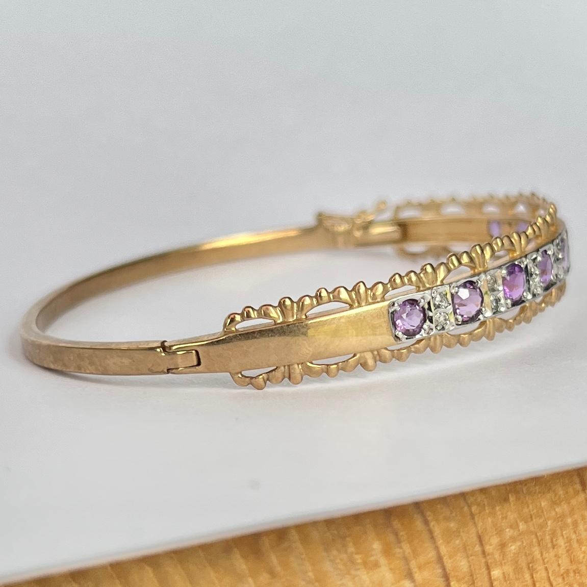 Edwardian Diamond and Amethyst 9 Carat Gold Bangle In Good Condition For Sale In Chipping Campden, GB