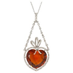 Edwardian Diamond and Citrine Heart Pendant with Platinum and Diamond Chain