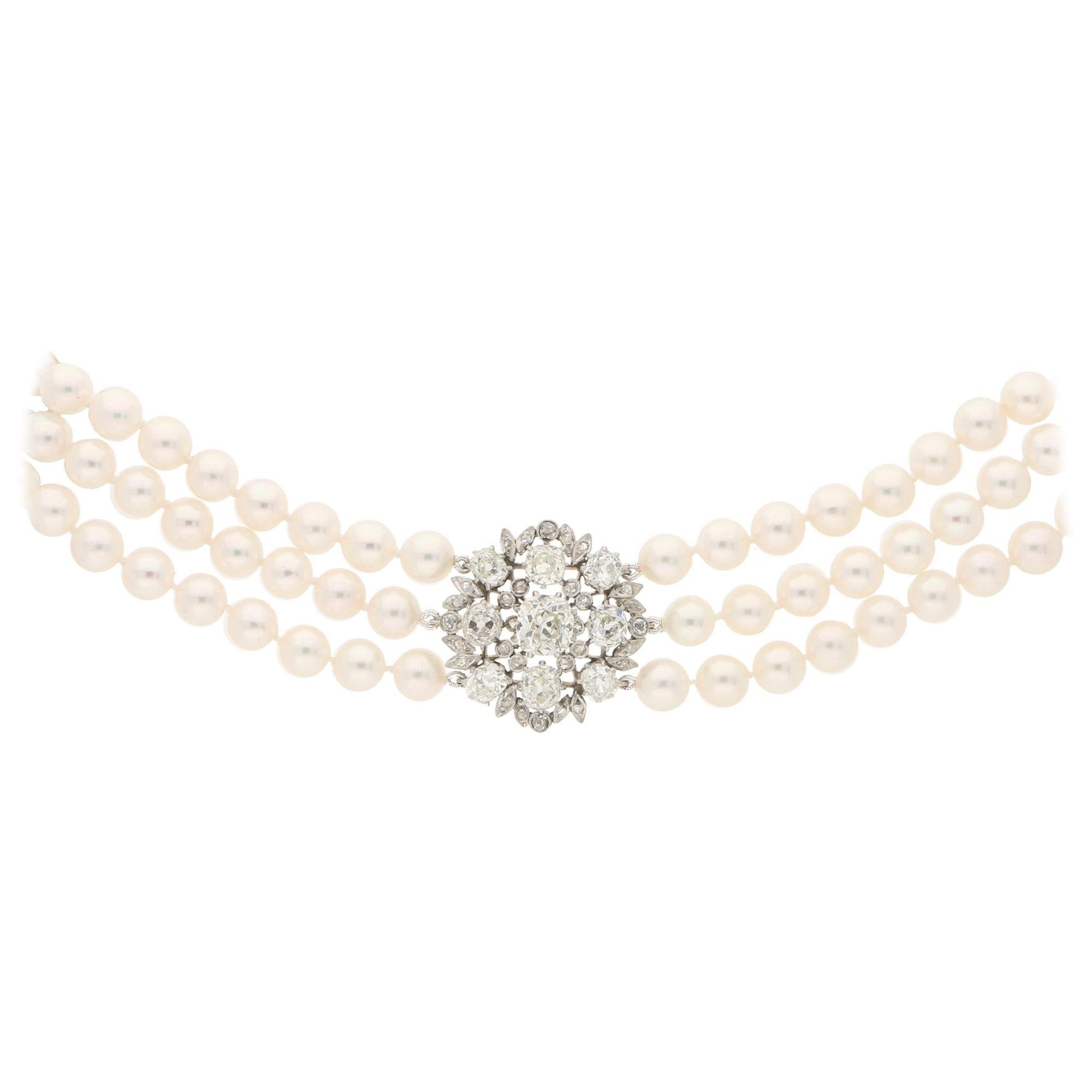 Edwardian Diamond and Cultured Pearl Choker Strand Necklace in Platinum and Gold