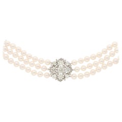 Collier Edouardien en platine et or avec diamant et perle de culture (Choker)