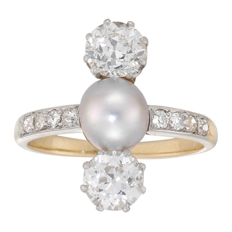 Edwardian Diamond and Cultured Pearl Three-Stone Ring For Sale