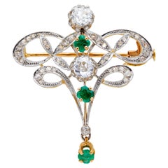 Edwardian Diamond and Emerald 18k Yellow Gold Platinum Brooch