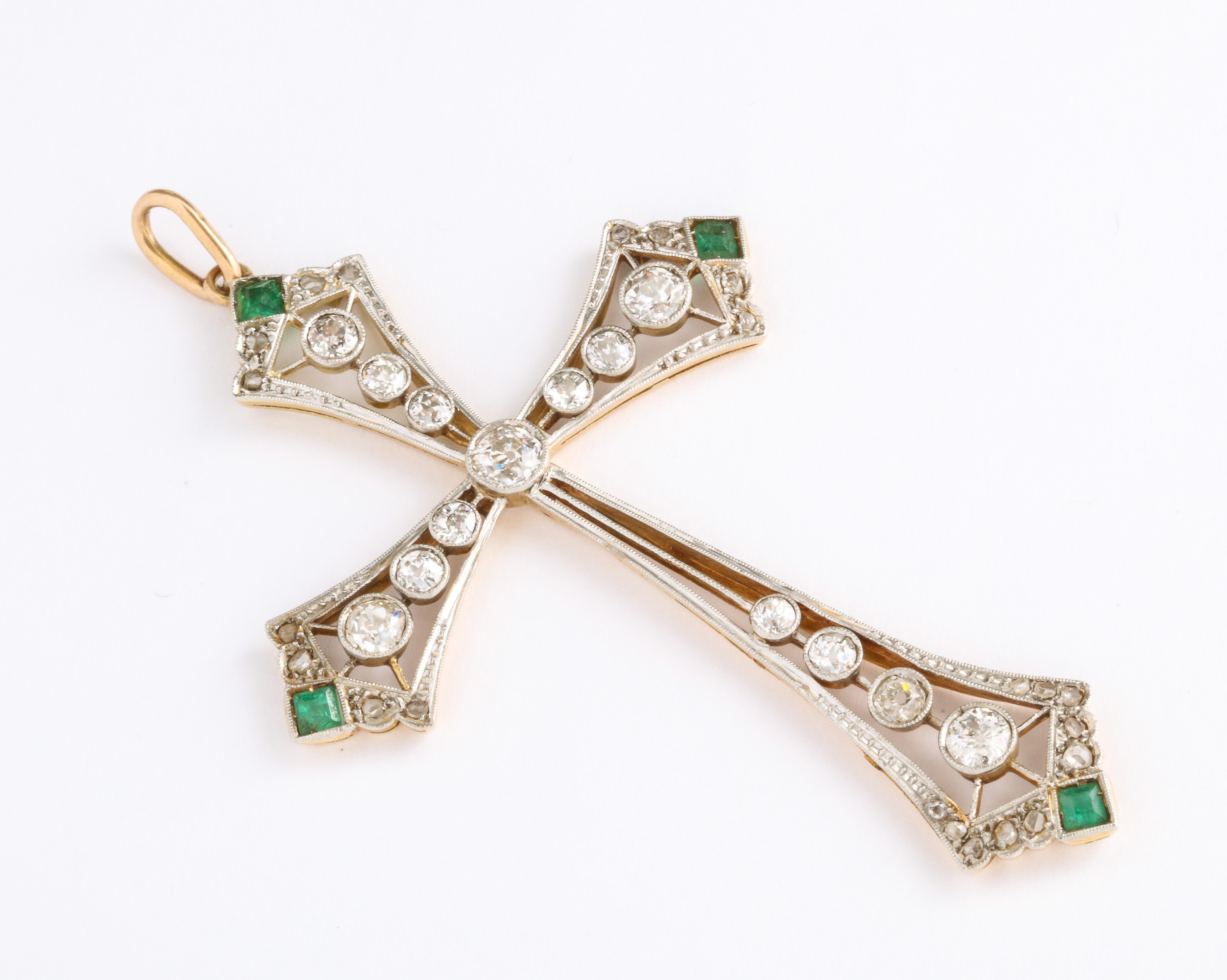 Old European Cut Edwardian Diamond Cross With Emerald Accents For Sale