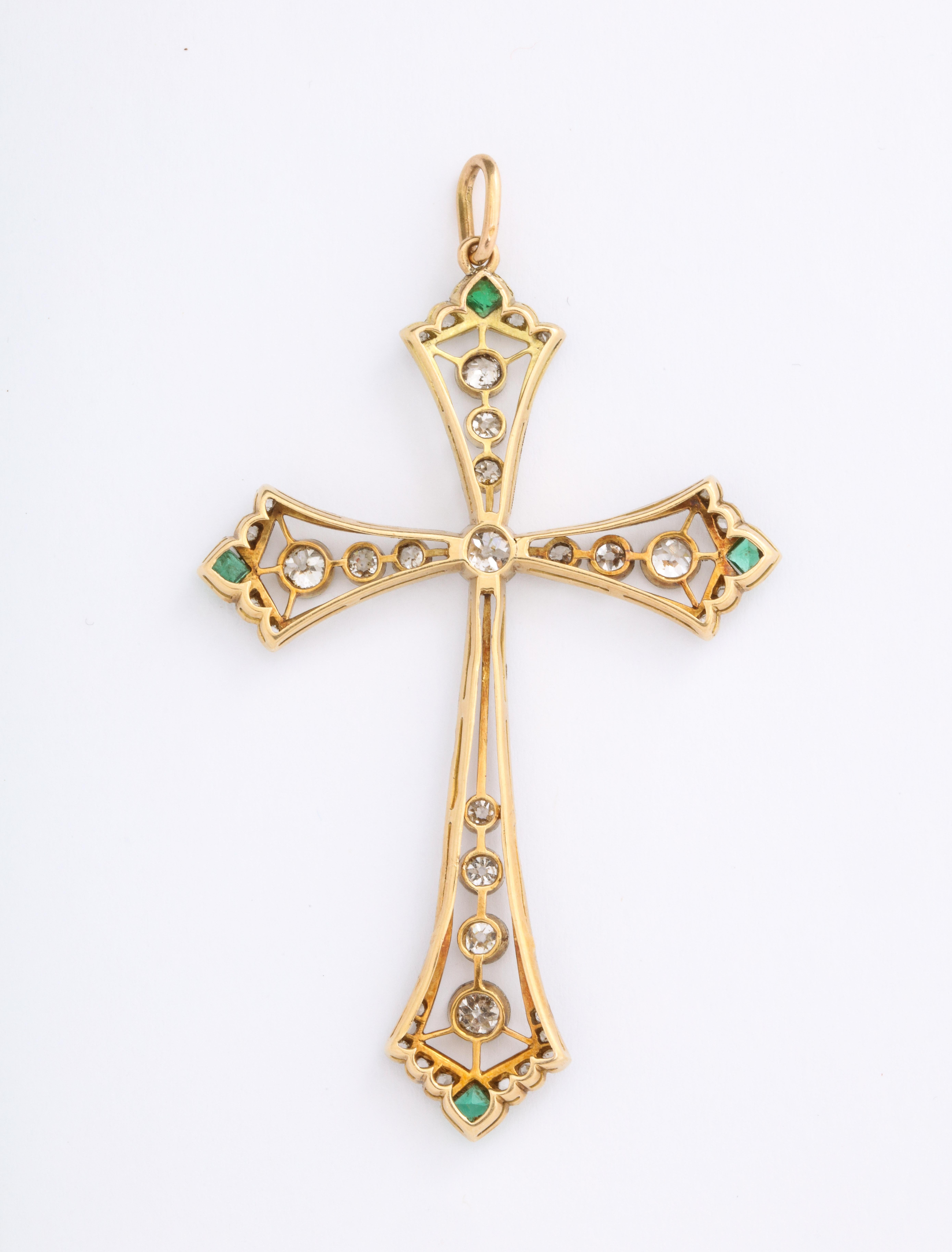Women's or Men's Edwardian Diamond Cross With Emerald Accents For Sale